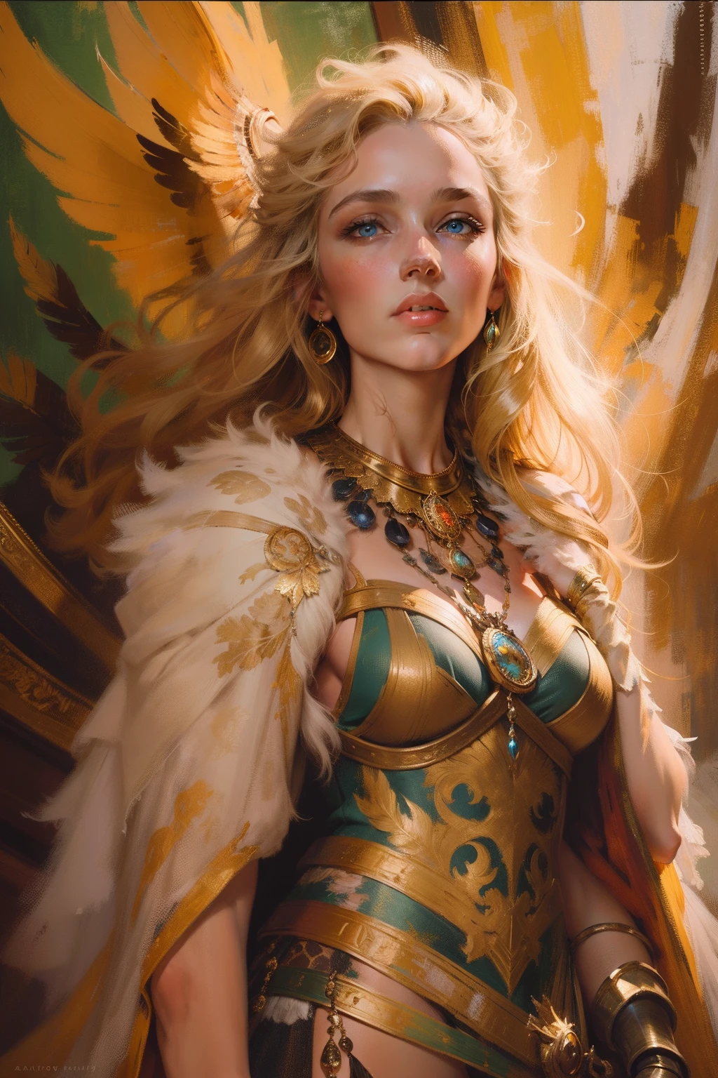 Oil paints,acrycle painting,tmasterpiece,Renaissance style,best qualtiy,Clare - Blur lighting, charlie bowater, dino valls, Detailed character design, Mottled brushstrokes, crisp and clean look, The most beautiful peaceful woman in the world, long and flowing hair, Gorgeous, children's storybook, Jason Manley, Frazetta, Beautiful highly detailed complex full body portrait in gold armor, Cinematic lighting, oil on the canvas, Oil painting, Brush strokes, Highly detailed, Beautiful colors, Intricate, Waist length blonde hair and blue eyes, She wears a short cloak made of falcon feathers over her shoulders. Around her neck hangs a magical and powerful large gold necklace,It is set with amber gemstones, Scandinavian forest 35mm film in the background, Dark fantasy, analogue photography, 16mm, 8K. --AR 2:3 --v 4 50 --s 2
