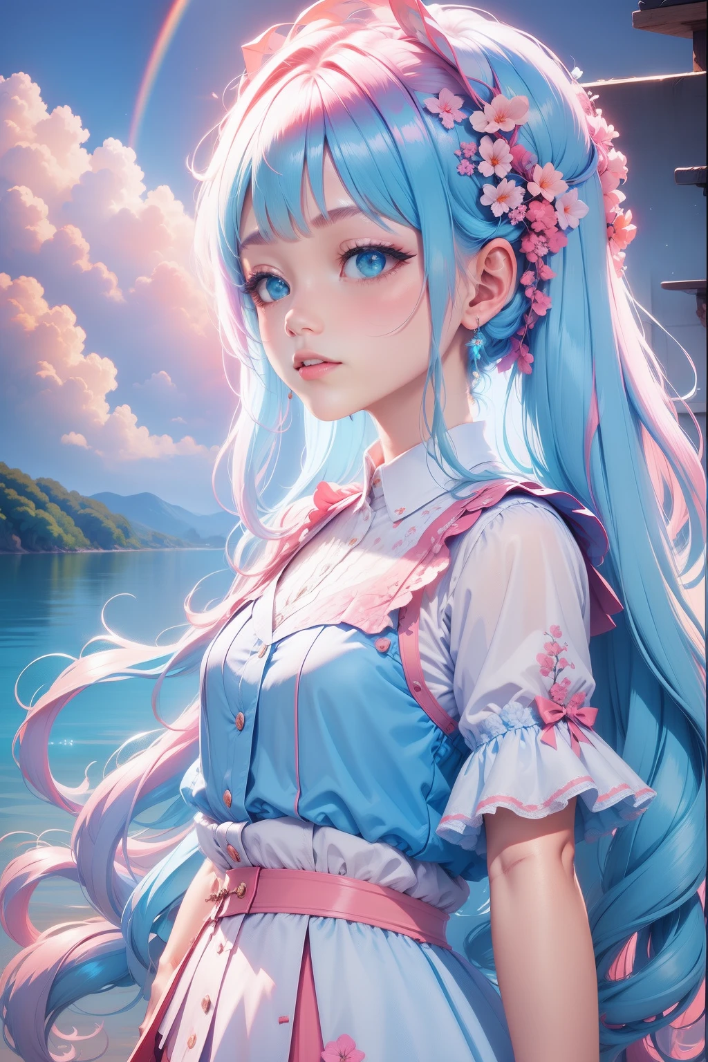 SKY,Rainbowing，rich details​，Extremely realistic，blue colors，cyan colors，in pink