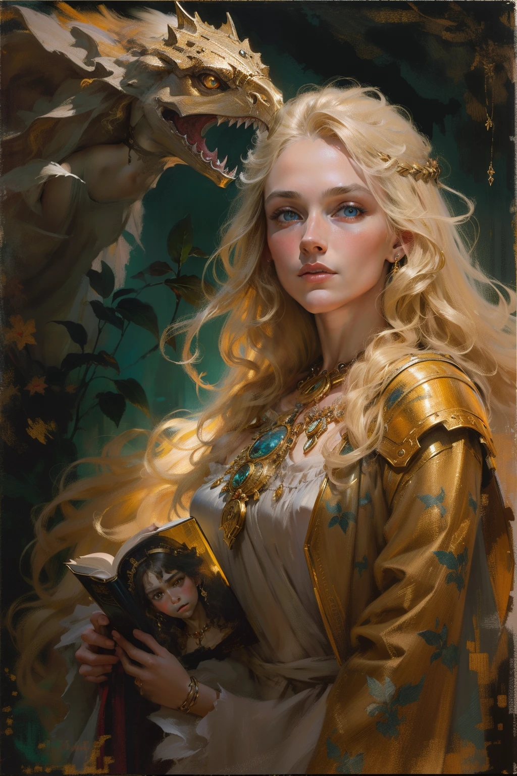 Oil paints,acrycle painting,tmasterpiece,Renaissance style,best qualtiy,Clare - Blur lighting, charlie bowater, dino valls, Detailed character design, Mottled brushstrokes, crisp and clean look, The most beautiful peaceful woman in the world, long and flowing hair, Gorgeous, children's storybook, Jason Manley, Frazetta, Beautiful highly detailed complex full body portrait in gold armor, Cinematic lighting, oil on the canvas, Oil painting, Brush strokes, Highly detailed, Beautiful colors, Intricate, Waist length blonde hair and blue eyes, She wears a short cloak made of falcon feathers over her shoulders. Around her neck hangs a magical and powerful large gold necklace,It is set with amber gemstones, Scandinavian forest 35mm film in the background, Dark fantasy, analogue photography, 16mm, 8K. --AR 2:3 --v 4 50 --s 2