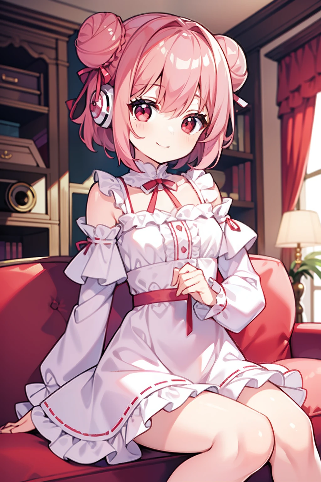 masterpiece, best quality, 1girl, short hair, shoulder-length hair, pink hair, curly hair, two buns, (red eyes), smiling, white cute dress, long sleeves, frilled, ribbons, in the living room, sitting on the sofa, wearing headphone, ((speakers))