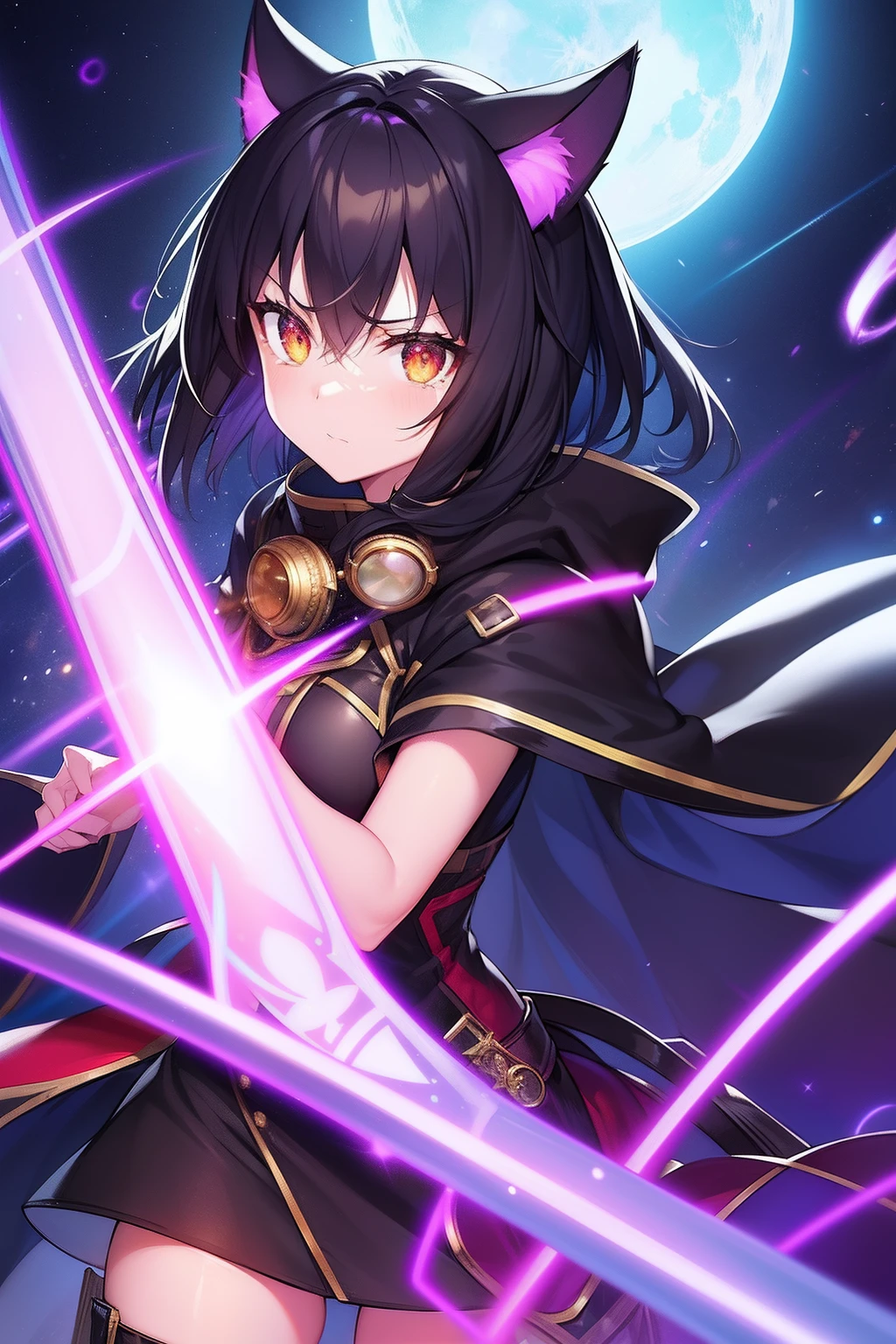 Cat's ears,hair is black and short,Goggles shine on her head,Her skin is pale, A vortex of flame enveloped me like a snake in an interstellar wind,Unleash the Blade of Fire, Highest Quality, Carry a red cloak decorated with war maidens,Rainbow and Rainbow Gun of the Brave Raise, ((sad))((Big tears)), 8 Red Light Sword,Blade of Light,Lens Flare, Big rainbow,The moon shines,Star chips, bloom, ((light glow)), chromatic abberation], Digital Painting, Insane details, Intricate details, Beautifully color graded, Unreal Engine, Cinematic , colour grading, Editorial Photography , Photography, Photo Shot, Shot on 70mm lens, depth of fields, degrees of freedom, Tilt Blur, Shutter Speed 1/1000, h/22