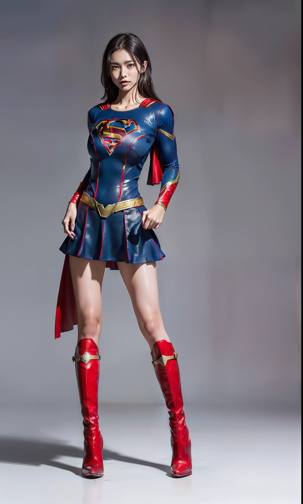 (((Make the most of the original image)))、(((Supergirl Costume)))、(((lustrous dark hair)))、(((Suffering)))、(((Feet must necessarily be worn with black tights)))、(((You need to wear red boots)))、((Top image quality、8K))、((top-quality、8K、masterpiece:1.3))、Crisp focus:1.2、Beautiful woman with perfect body shape:1.4、Slender Abs:1.2、((layers-Cut、large boob:1.2))、a wet body:1.5、Highly detailed facial and skin texture、