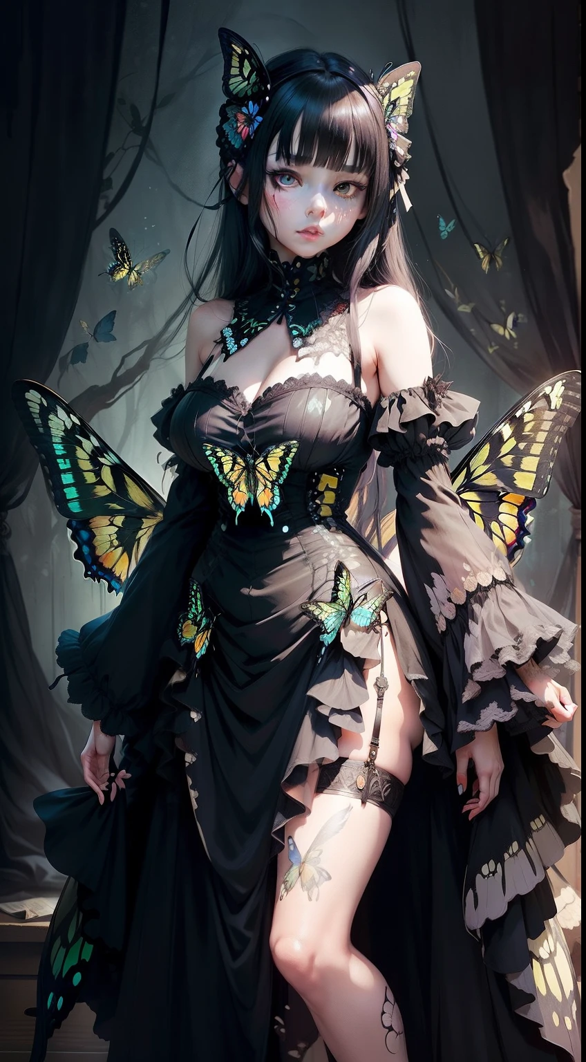 Swallowtail butterfly illustration、A portrait that combines creepiness and beauty、The mysterious fusion of the human body and swallowtail butterflies、fullllbody、(femele | Swallowtail butterfly:1.5)、Large butterfly wings grow on the back