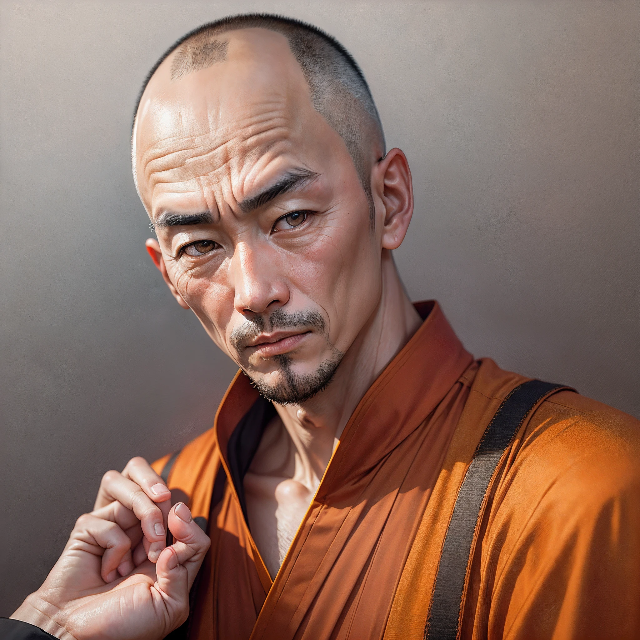 Adult bald Chinese monk masculine dangerous straight looking respected man dressed in orange monk dress whom people love to get advice and with only one source of light on face and rest is dark and looking at the center portrait --auto --s2