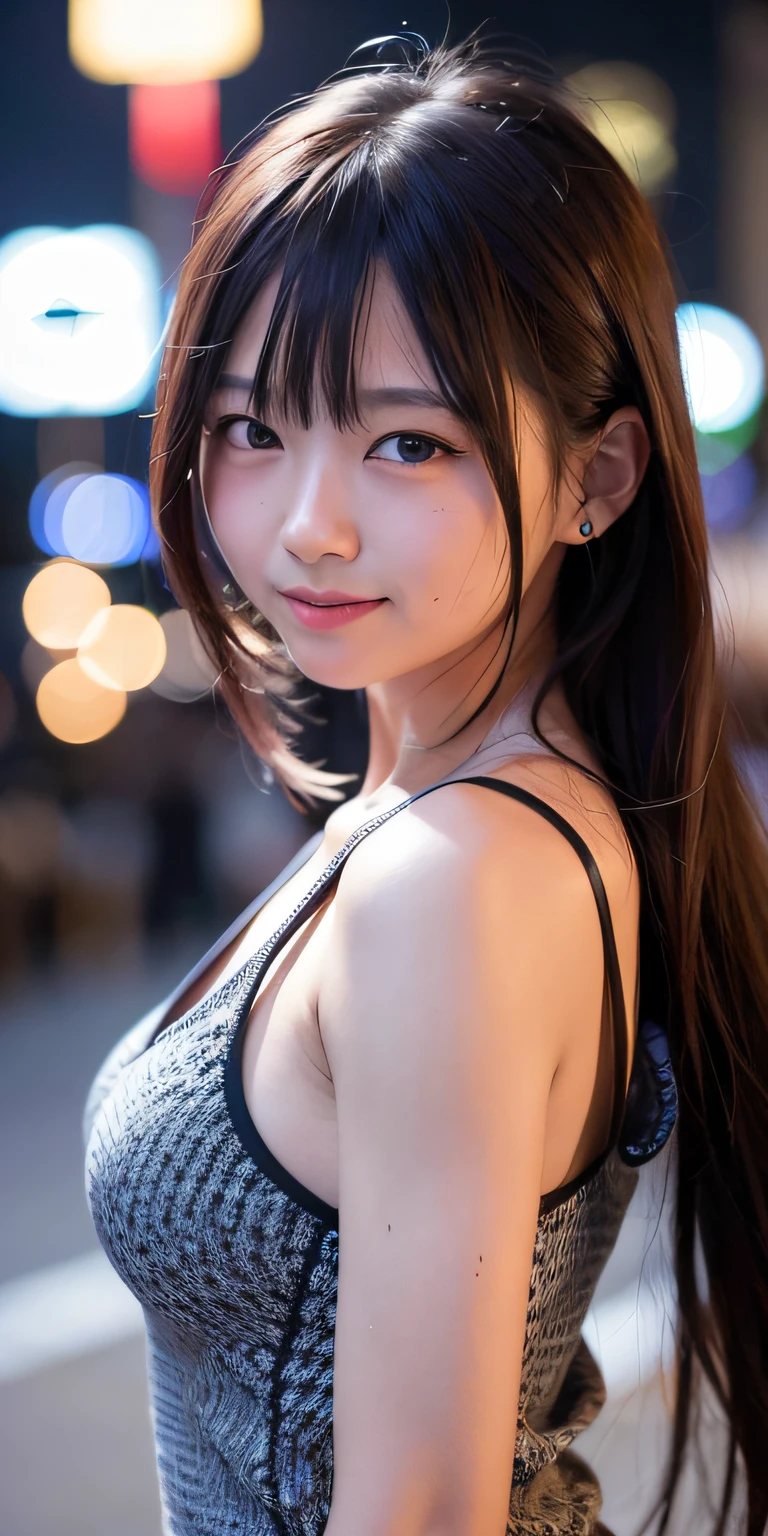 1girl, Tokyo street,night, cityscape,city lights,upper body,close-up,smile,, (8k, RAW photo, best quality, masterpiece:1.2),(realistic, photo-realistic:1.37),