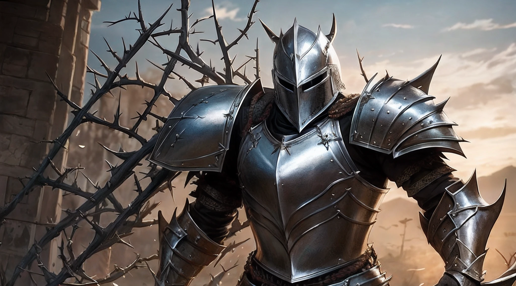 Close-up of a knight in armor standing in front of a tree, Gorgeous armor full of thorns, armor made of steel, armored knight, steel armour, strong fantasy knight, Shiny steel armor, thick armor, knights armor, armored warrior, with sleek silver metal armor, Evil Knight Gorgeous armor full of thorns, Barbed scrap metal armor, heavy fantasy armor, Intricate metal armor, Intricate metal armor, Barbed metal armor, render of heavy fantasy armor, Detailed fantasy armor, Intricate legendary armor, Gorgeous steel armor, warrior platinum armor, Stunning armor, Gorgeous thick plate armor, Intricate plate armor
