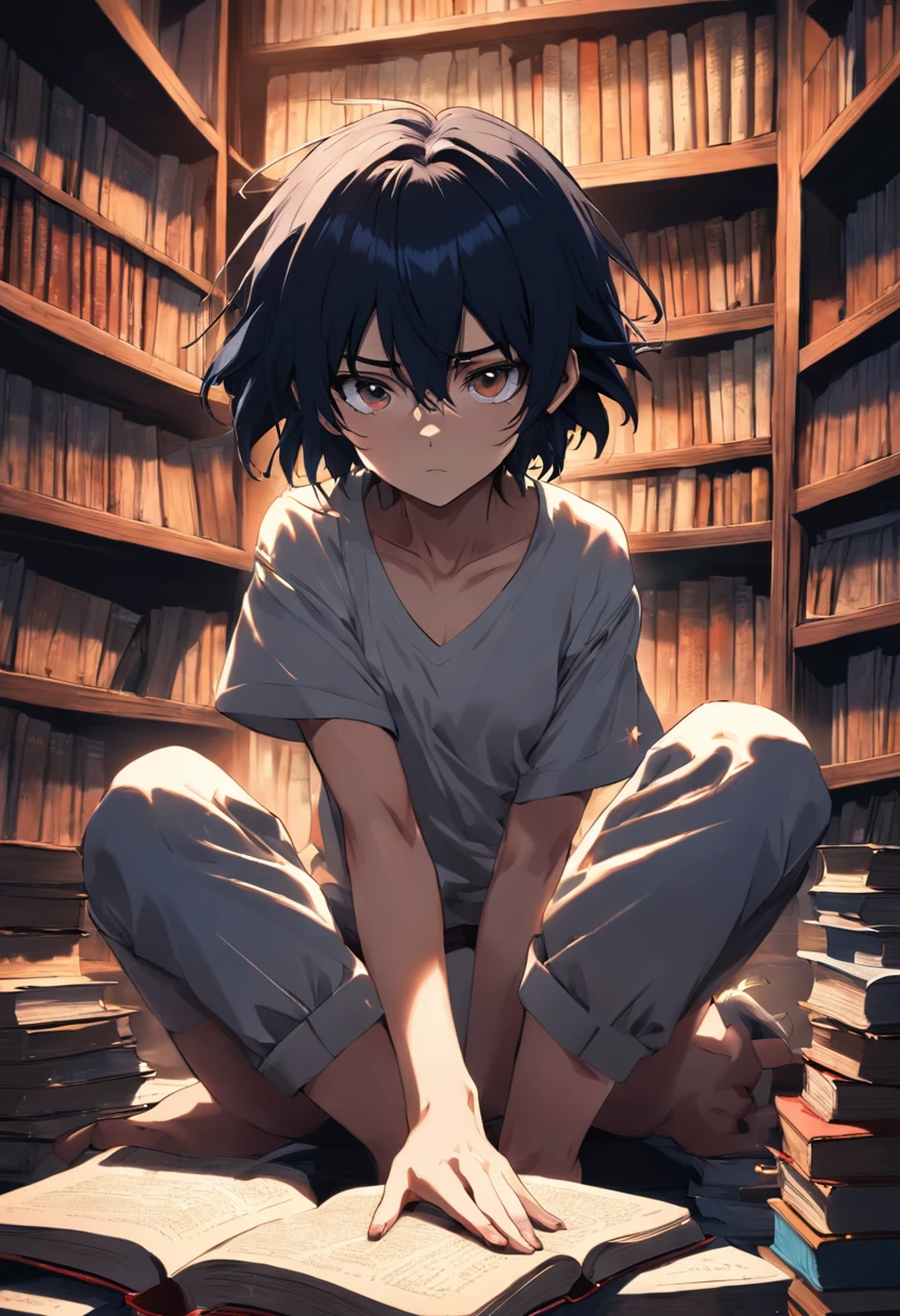 (melhor qualidade, obra-prima) L Lawliet in a unique and captivating style, fundo escuro, intense expression, olhos penetrantes, cabelo preto desarrumado, roupas escuras e elegantes, silhueta misteriosa, postura confiante em um quarto com livros e um computador.