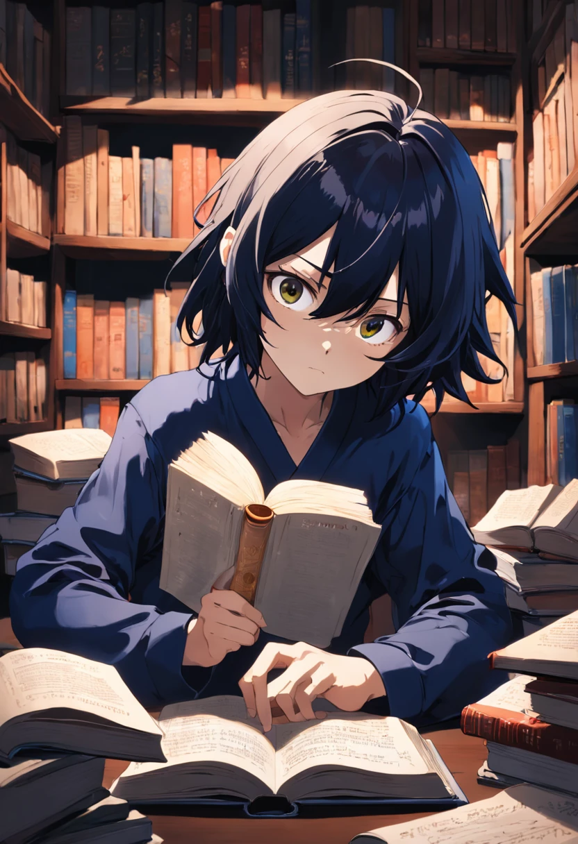(melhor qualidade, obra-prima) L Lawliet in a unique and captivating style, fundo escuro, intense expression, olhos penetrantes, cabelo preto desarrumado, roupas escuras e elegantes, silhueta misteriosa, postura confiante em um quarto com livros e um computador.
