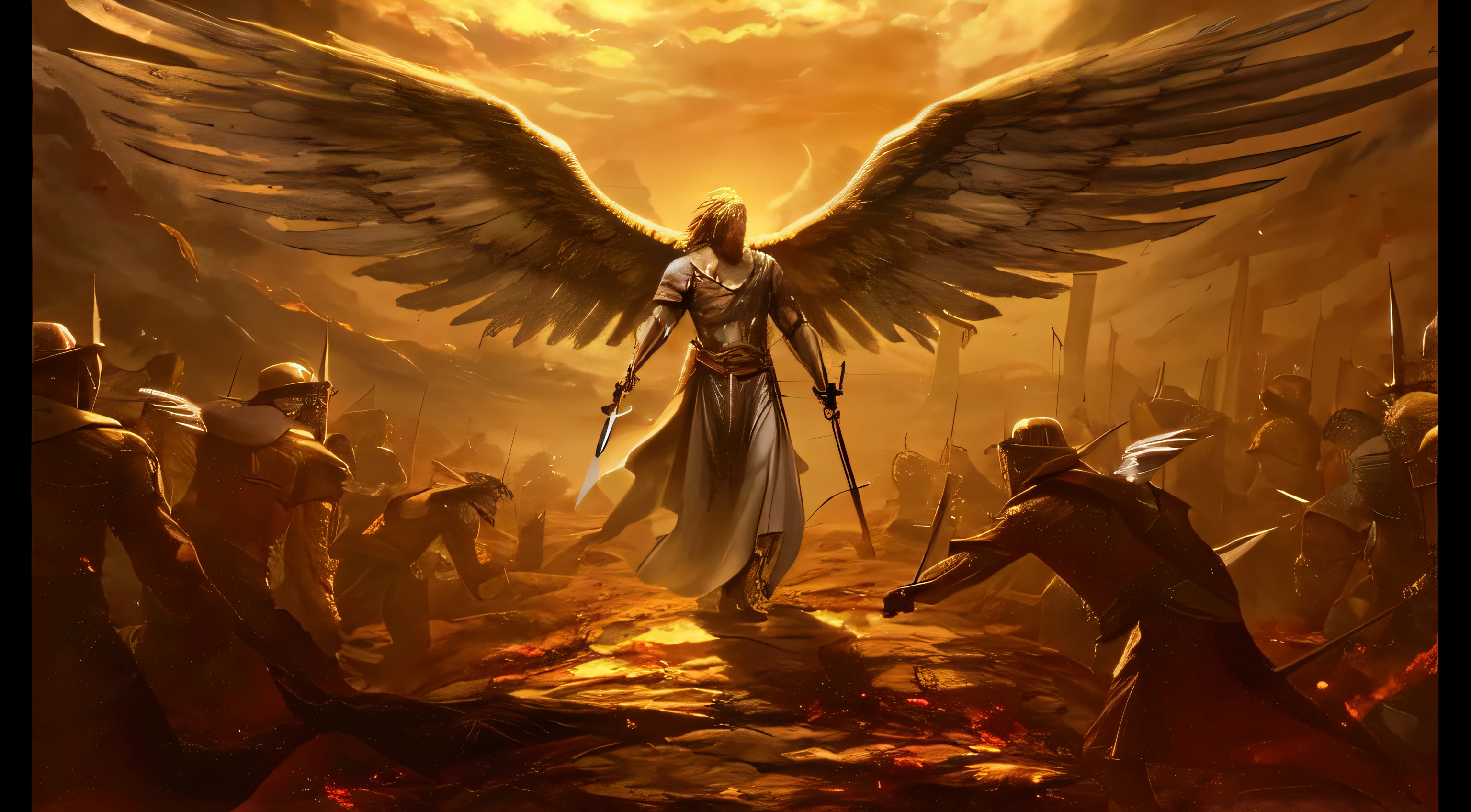 an image of a man with a sword standing in a desert, Anjo no inferno, arcanjo, angels vs demons, angel watching demon, angels and demons, anjo protegendo o homem, Arcanjo Miguel, O Anjo da Morte, Battle between angels and demons, anjo super largo, epic angel wings, angels protecting a praying man, necessidade humana anjo da morte