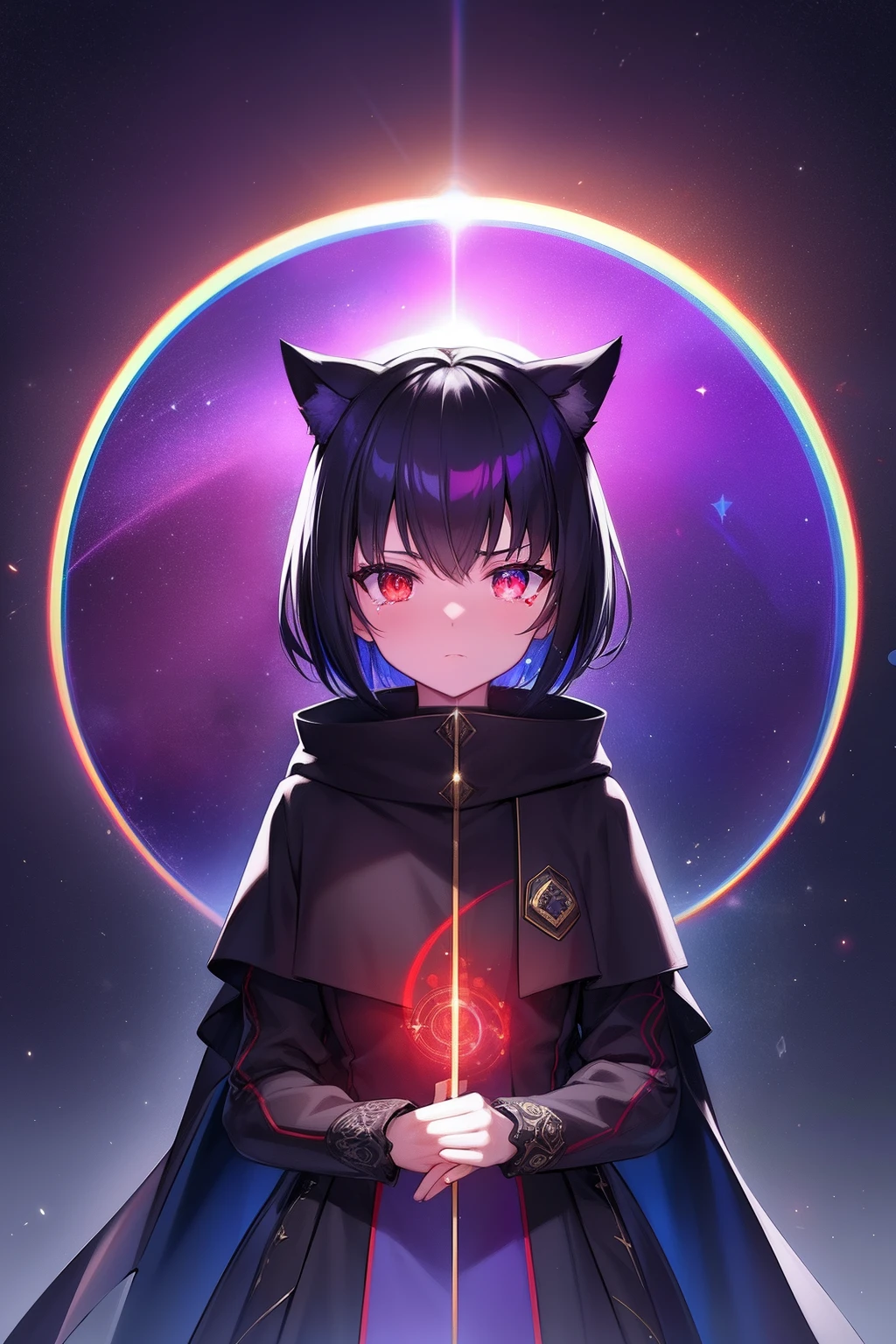 Cat's ears,hair is black and short,Goggles shine on her head,Her skin is pale, A vortex of flame enveloped me like a snake in an interstellar wind,Unleash the Blade of Fire, Highest Quality, Carry a red cloak decorated with war maidens,Rainbow Wizard, ((sad))((Big tears)), 8 Red Light Cane,Blade of Light,Lens Flare, Big rainbow,The moon shines,Star chips, bloom, ((light glow)), chromatic abberation], Digital Painting, Insane details, Intricate details, Beautifully color graded, Unreal Engine, Cinematic , colour grading, Editorial Photography , Photography, Photo Shot, Shot on 70mm lens, depth of fields, degrees of freedom, Tilt Blur, Shutter Speed 1/1000, h/22