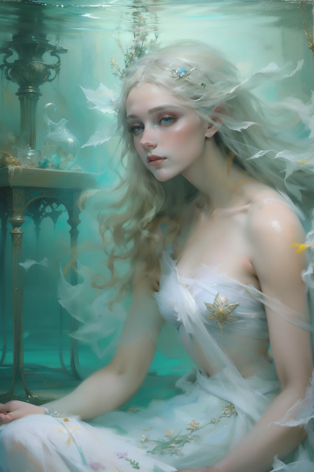 Oil paints，acrycle painting，tmasterpiece，Renaissance style，best qualtiy，Underwater glass palace，1 beautiful girl dressed in white，fabulous，، simple，pastel colour，Reinhart Miekel，ethereal fairytale, Ethereal beauty, monia merlo, style of karol bak, miss aniela, closeup fantasy with water magic, Ophelia, Ethereal!!!!!!!, Incredibly ethereal, Phlegm sputum, phlegm |, extremely beautiful and ethereal, Ethereal and dreamy, Ethereal!!!, intricate wlop, Ethereal fantasy