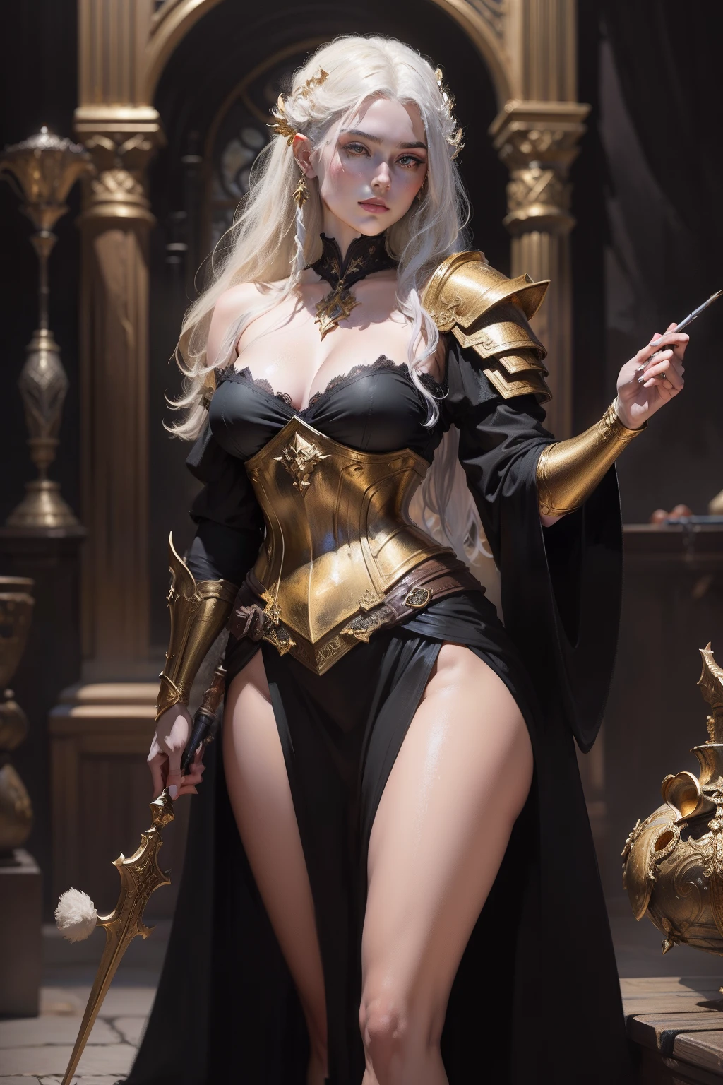 Oil paints,acrycle painting,tmasterpiece,Renaissance style,best qualtiy,Illustration of the Norse goddess,Artgerm style,Dark fantasy、DnD(dungeons and dragons),Layered、Chiaroscuro lighting、Charlie Bovoort and Dino Vals' style、Detailed character design、Mottled brushstrokes、The appearance is clear and clean、oil painted、Use of brushes、highly detailed、beautiful color、Complex design、Full body portrait of gold armor、Cinematic lighting、16