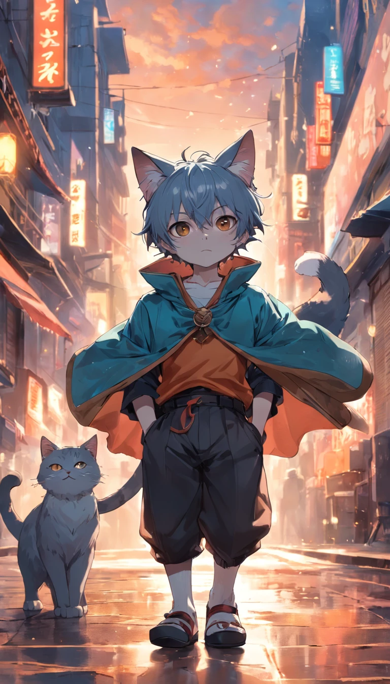 anthropomorphic cat, a boy, roupas estilizadas