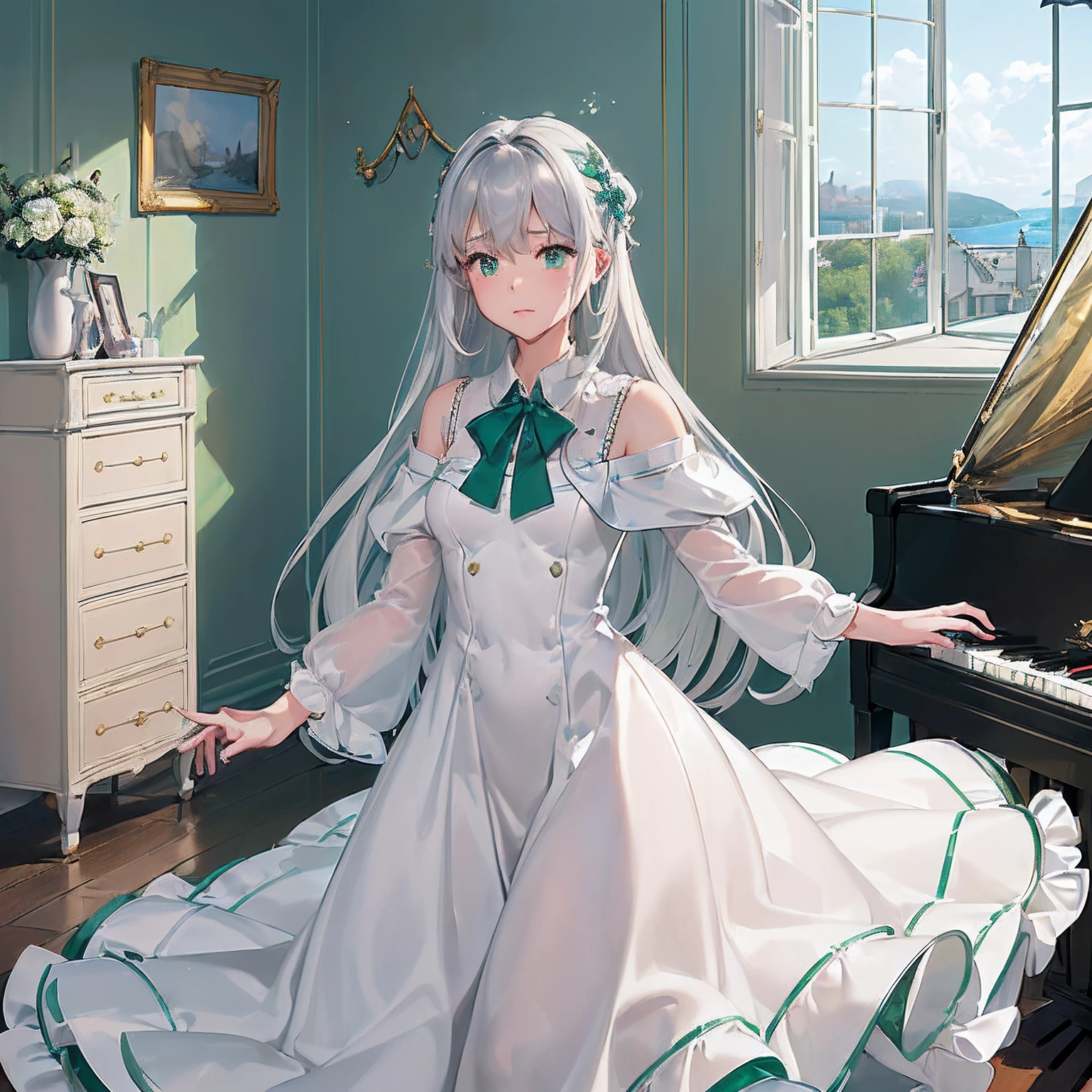 masterpiece、top-quality、High-quality images、8K、 ((Background with、Accurate perspective、line-drawing、Contour extraction、colourfull、Moderate shading、Medium omission:1.4)((Ana's Bedroom、Stylish bay window with sea view、Very bright lighting、On the wall4Photo、a bed、typical:1.3))((Music room at home with sea view、Piano instruction、lesson、Started training world-class pianists:1.4)) announcer ((anastasia、Graduated from the piano department of the College of Music、Piano Teacher、The goal is to train famous pianists、Good friends with students、Has the ability to manipulate the darkness of the mind at will、Have the ability to hear Leos' voices、When Leo is not present, You can sleep whenever you want.、pure、with light glowing、Little crybaby、Semi-long silver hair、Emerald green eyes、Slimed、Balanced proportions、Fashionable dresses selected in the costume room、Room makeover、lecture、Leo Advocacy:1.5))、 I am Leo、announcer、What scares you so much?If Ana hates Leo so much、Leo will never appear in front of Ana again.、