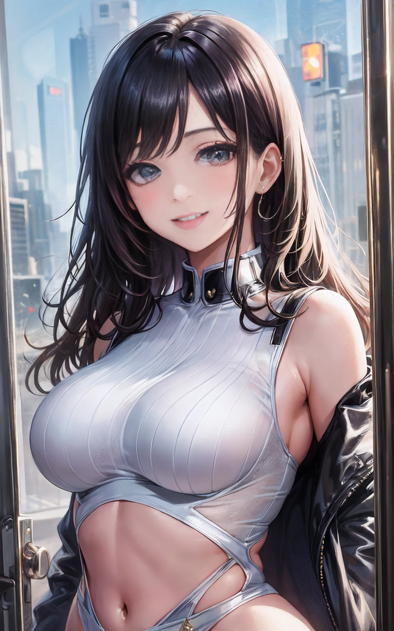masterpiece, High quality, Beautiful Girl, waist shot, bobhair, Smile, White bodysuit