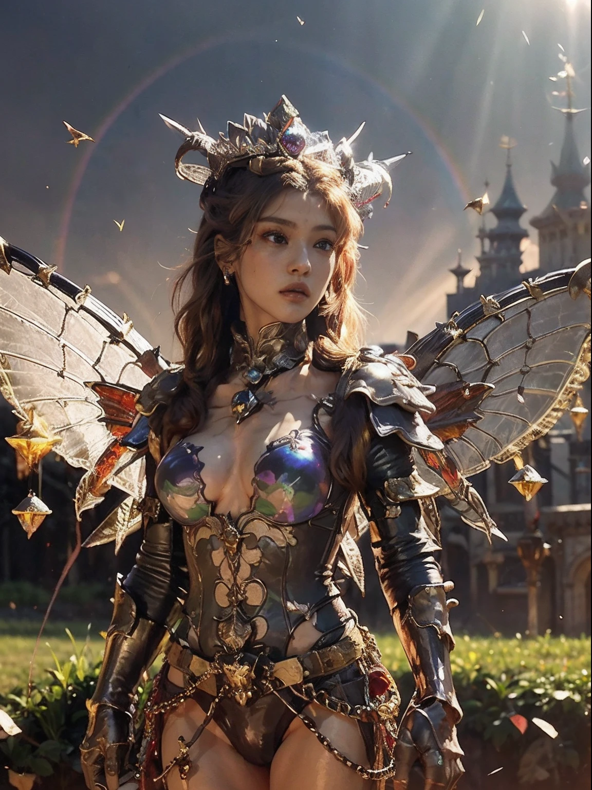 Professional , ​masterpiece、top-quality、photos realistic , depth of fields （Gemstone Silver Metal Body:1.９),(Matte Blackpink、Jewel Gold Weapon、（Gorgeous castle background）、（ultimate beauty girl）、（Rainbow fairy wings grow）、Particles of light、（Metal body of iridescent gemstones:1.９),Gorgeous Jewel Metal Weapons , Detailed Sword of the Brave ,（ a blond）    , adepta sororitas,Detail and ornate jewel crown、独奏、Brown hair、Mystical expression、（Gangle's forest background）、Beautiful Caucasian beauty、１a person、dynamic ungle,(((Diamond tiara with detail and luxury)))、a small face、Beautiful poses、（Gorgeous castle background）、huge filesize、Beautiful girl at 16 years old、Stand in the center of the screen、Thin female fingers、Straight long hair、Beautiful Caucasian beauty、（maikurobikini）、Hair fluttering in the wind、face forwards、Look at viewers、（Armpit）、Armpit、