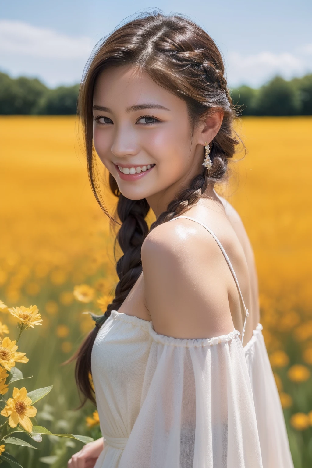 top-quality、masterpiece、超A high resolution、(Photorealsitic:1.4)、Raw photo、女の子1人、robe blanche、off shoulders、flower field、glistning skin、Light smile、Braided hair、Floating hair