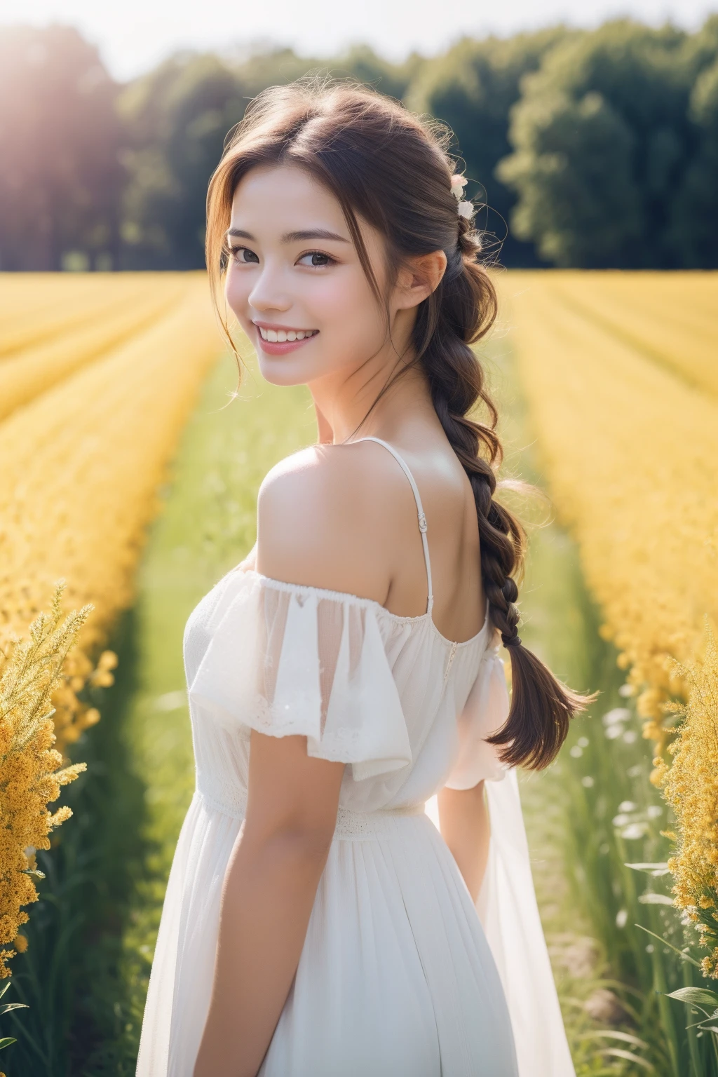 top-quality、masterpiece、超A high resolution、(Photorealsitic:1.4)、Raw photo、女の子1人、robe blanche、off shoulders、flower field、glistning skin、Light smile、Braided hair、Floating hair