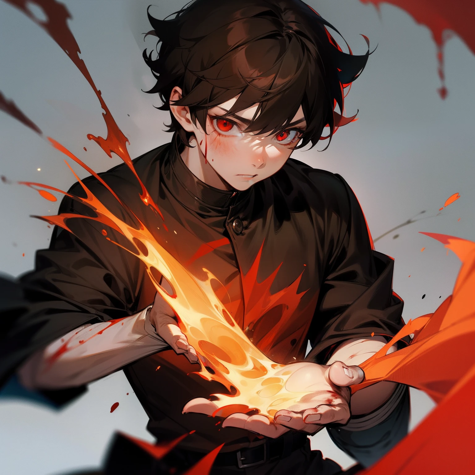 A boy with,short detailed hair,brunette color hair,red - eyed,Blood,There is a flame in the hand,robust