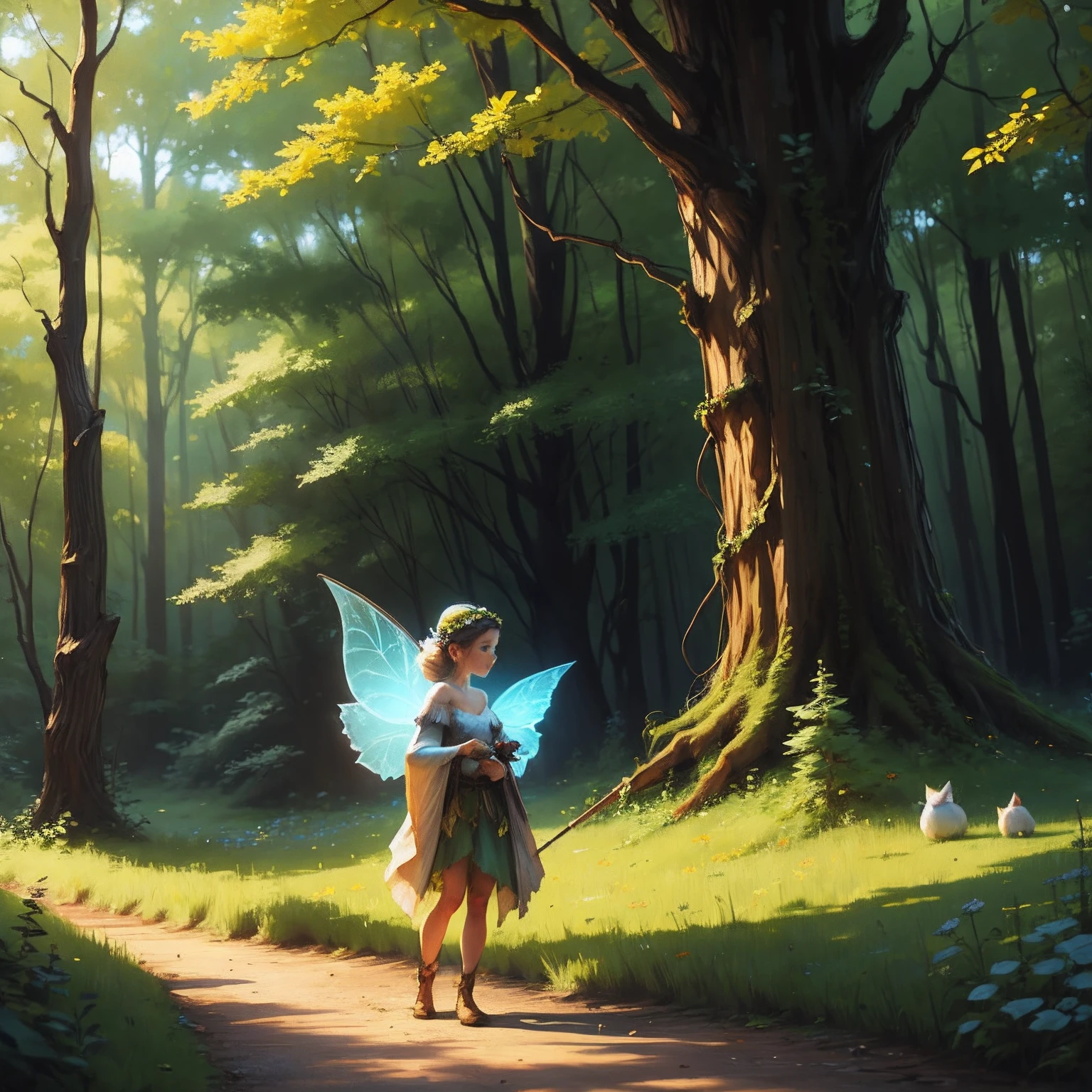 Little girl in her garden receives a magical seed of a beautiful fairy with beautiful wings to plant in her garden with a beautiful landscape on the background of mountains bright colors beautiful drawing for children to love --auto --s2