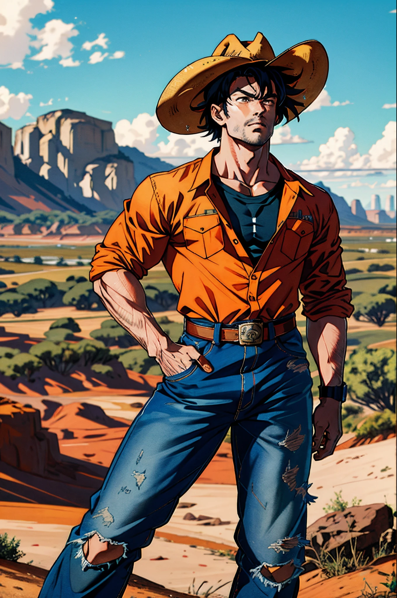 Goku Country, cowboy, Texas, camisa xadrez, bota, fivela, PBR, rodeio, Denim Jeans Pants, sobretudo, cowboy de rodeio, Barretos, Rodeio de Barretos, 8 Segundos, montaria em Touros, realista, detalhado, 8K, imagem fotografica, Ultra resolution