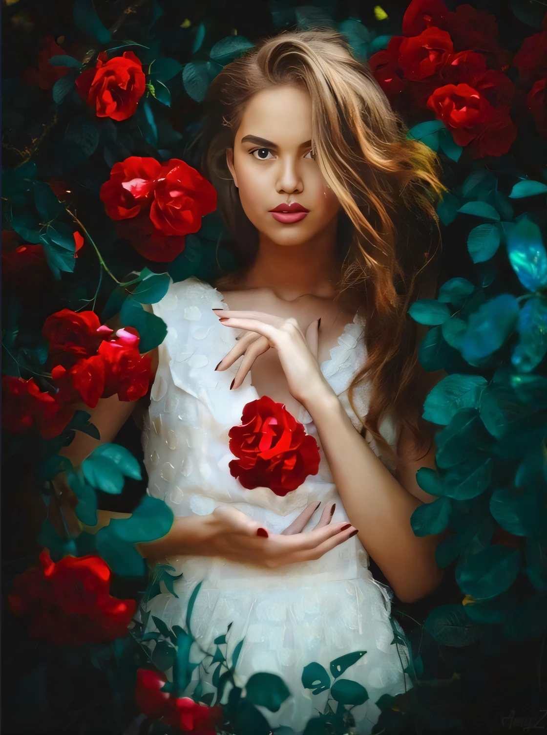 A woman in a white dress holding a red rose in her hands - SeaArt AI