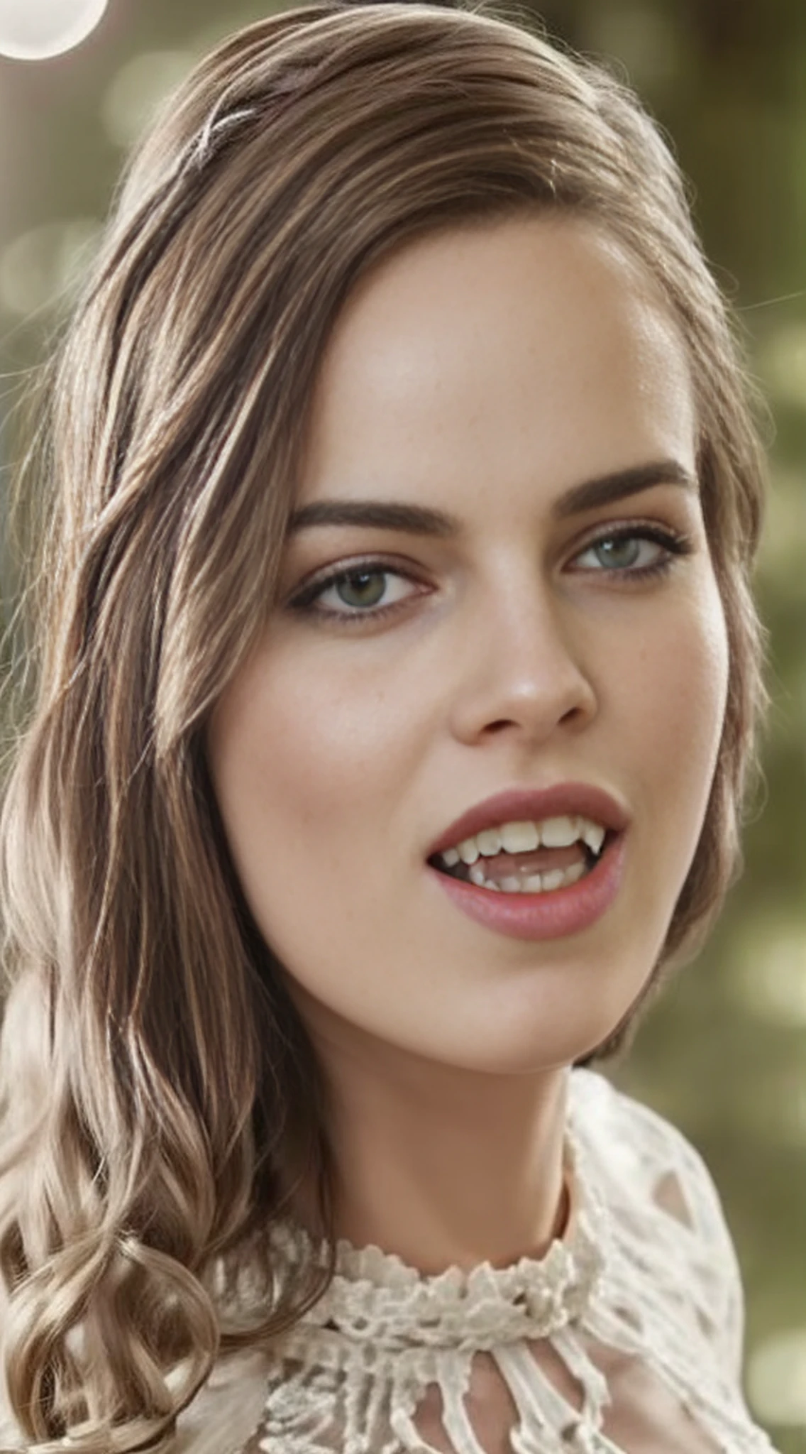 Em uma festa de primavera, Um belo vampiro caminha por um jardim em uma noite clara. Ela usa uma guirlanda de flores no cabelo., You have cold eyes and your skin has no pigment., Ela usa um longo, Sober dress with heart neckline.