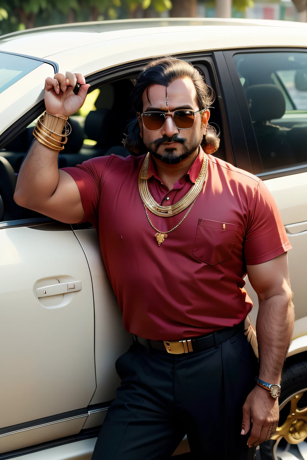 an Indian hindu man, balding, ((wearing wig)), leaning on car, with gold chains on his wrist, he is confident and wears sunglasses,, black pants, red tie, with toothy smile, fat, middle aged