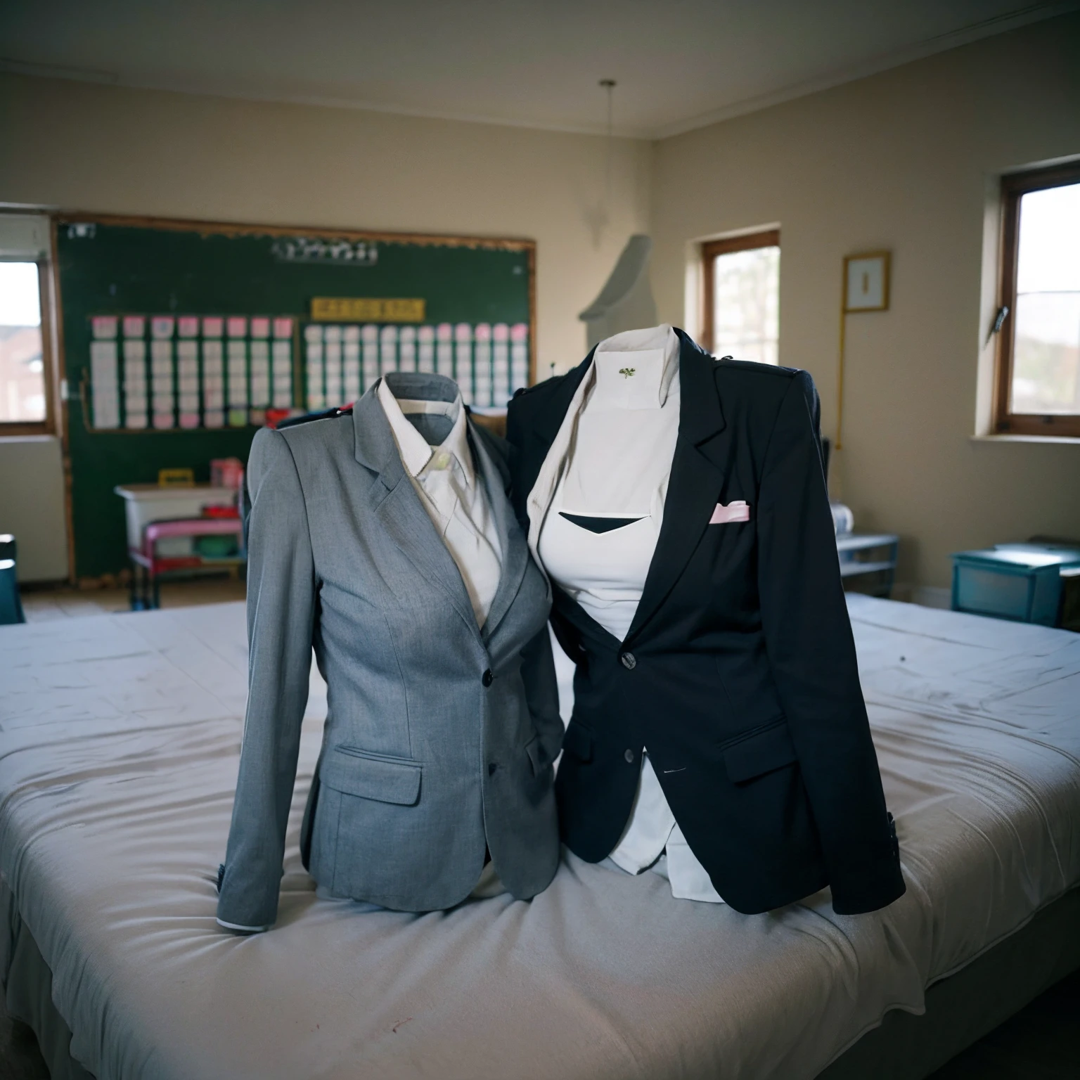 (girls' blazer:1.7) , (school blazer swells as if worn by invisible girl:1.7),((invisible, no humans:1.7, headless:1.7, handless, legless)), (big breasts:1.9),(on the bed), (pose),
(8k, RAW photo, best quality, masterpiece:1.2), (realistic, photo-realistic:1.37),photon mapping, radiosity, ((Hasselblad photography)),physically-based rendering,