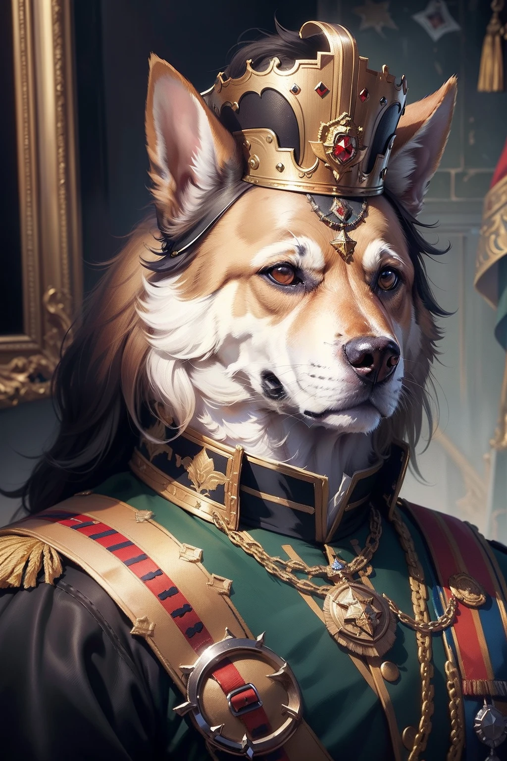 Close-up of a dog in military uniform and crown, In a painting of a dog, A dog masterpiece, Dog Donald Rumsfeld, imperial portrait, Kanye West as Emperor Napoleon, portrait of a mad general, royal portrait, A painting of a dog, Armored dogs, zoomed out portrait of a duke, Inspired by Horace Vernet, Jack Nicholson as Napoleon