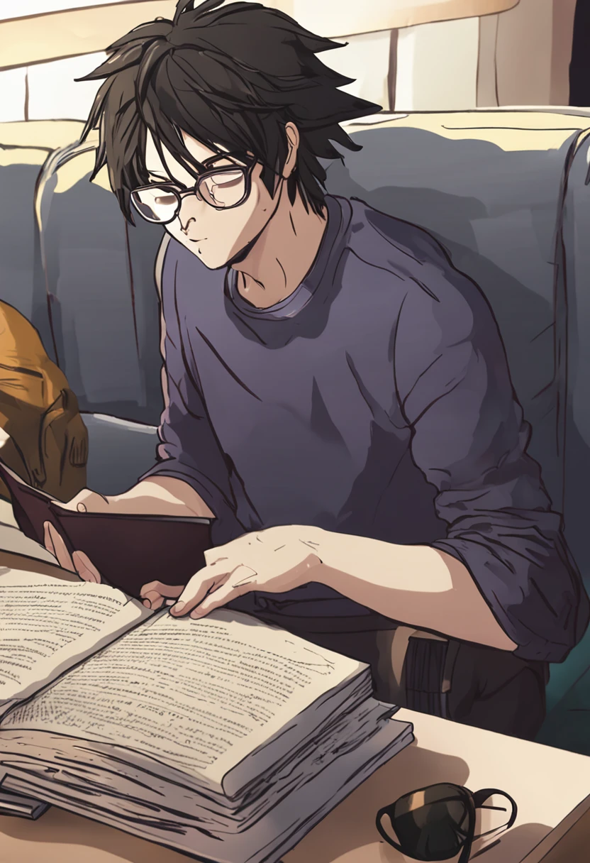 L lawliet de Death note, em um quarto com livros, Eyeglasses, computador, transbordando uma vibe gamer e intelectual.