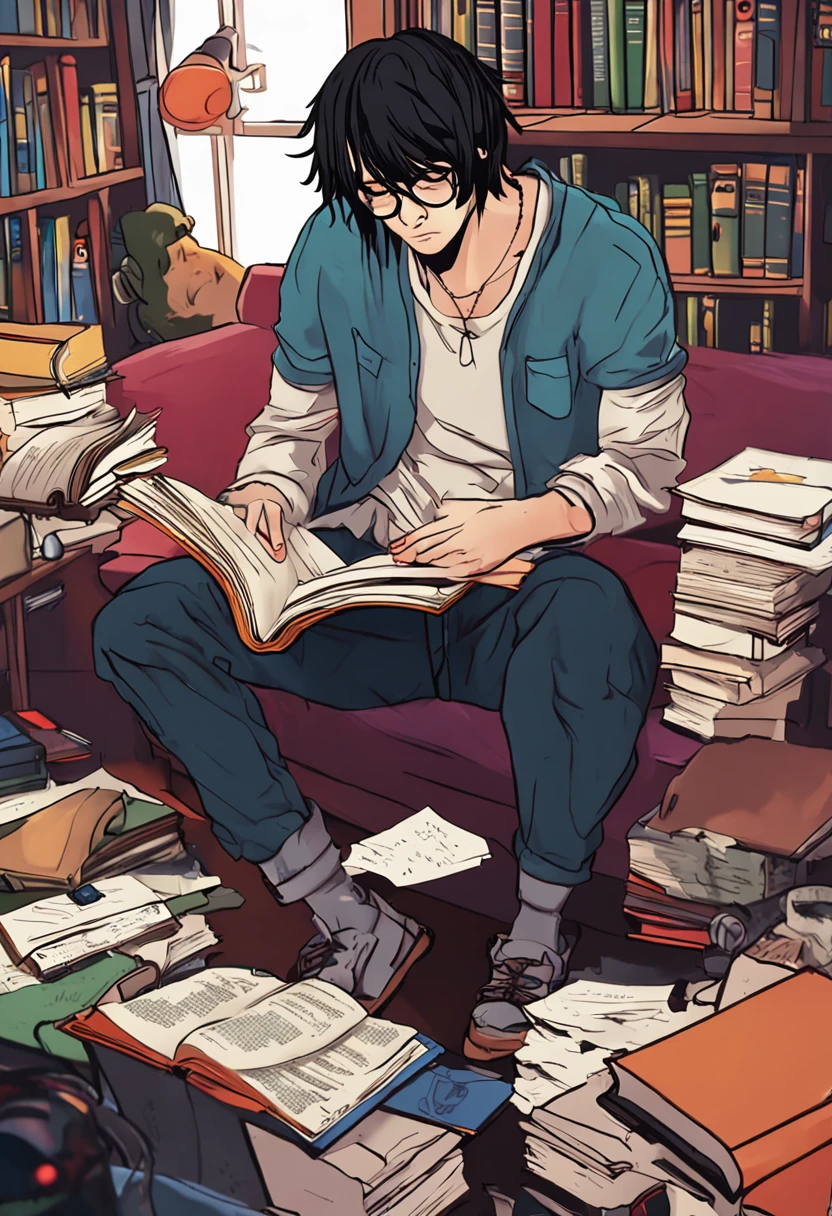L lawliet de Death note, em um quarto com livros, Eyeglasses, computador, transbordando uma vibe gamer e intelectual.