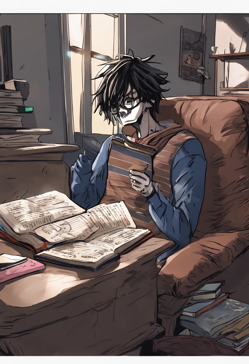 L lawliet de Death note, em um quarto com livros, Eyeglasses, computador, transbordando uma vibe gamer e intelectual.