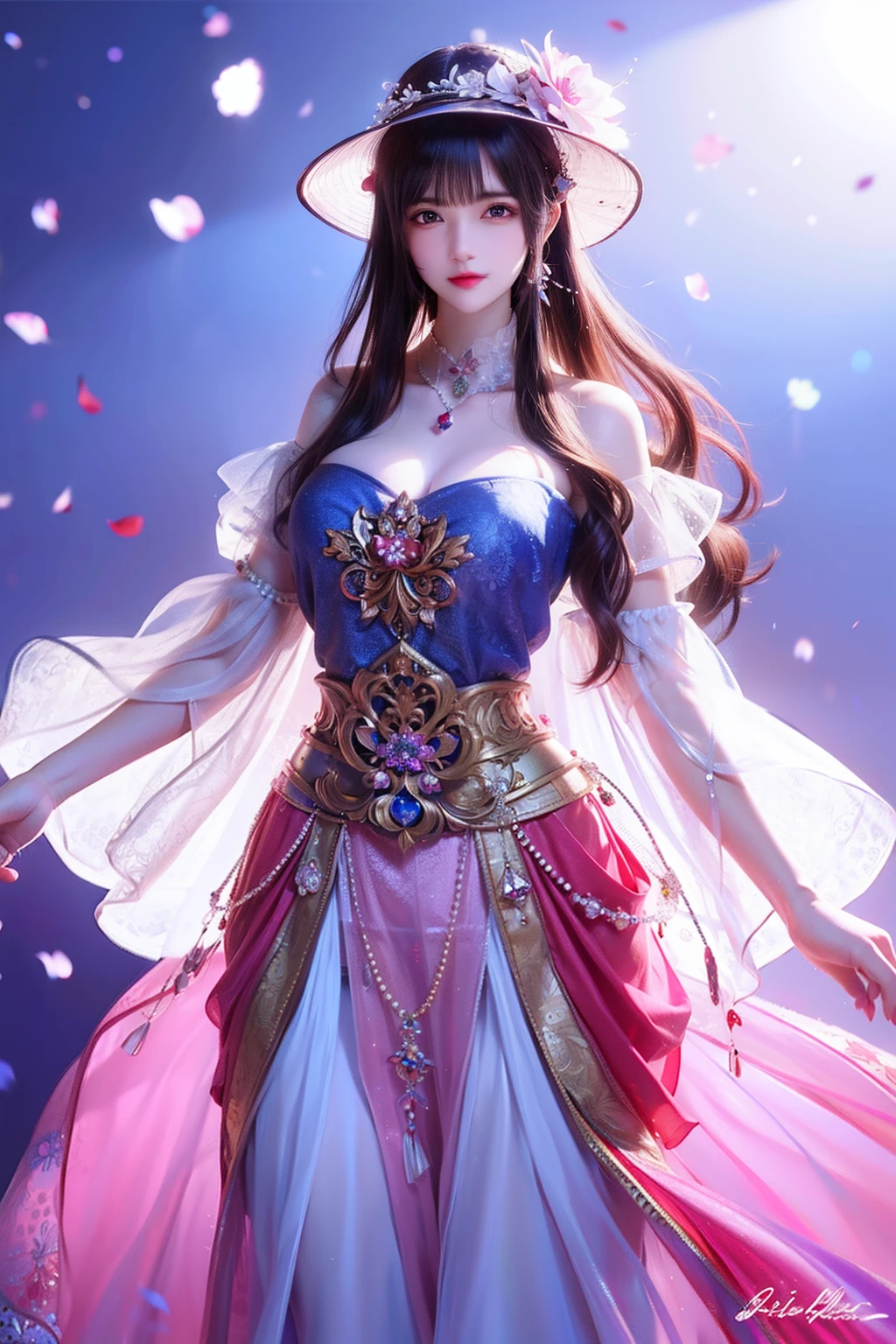 Bust of a beautiful noble maiden,Red chestnut hair elegantly coiled,((Wear a big skirt(blue colors)bucket-hat)),Purple clear eyes,The hair is covered with beautiful and delicate floral craftsmanship, Crystal jewelry filigree,A huge crystal ball on the chest,Ultra-detailed details