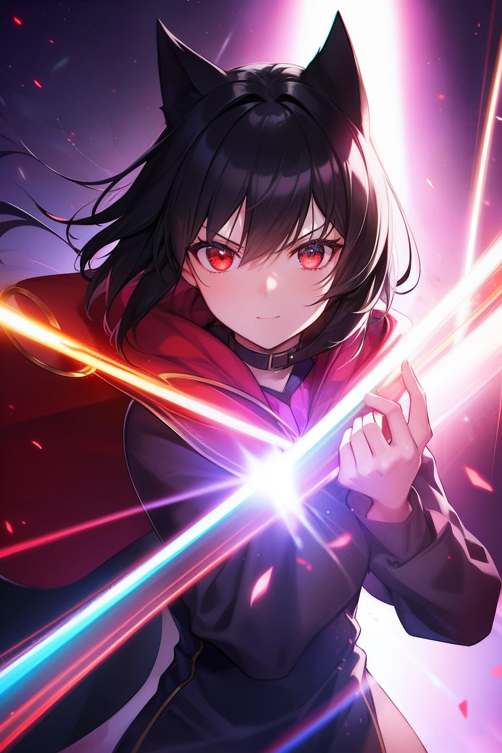 Cat's ears,hair is black and short,Goggles shine on her head,Her skin is pale, A vortex of flame enveloped me like a snake in an interstellar wind,Unleash the Japan of the Fire Sword, Highest Quality, Sneak carrying a red cloak adorned with costume,Rainbow Wizard, ((Facial expressions that make you feel good))((痴女)), 8 Red Light Stain,Blade of Light,Lens Flare, Big rainbow,The moon shines,Star chips, bloom, ((light glow)), chromatic abberation], Digital Painting, Insane details, Intricate details, Beautifully color graded, Unreal Engine, Cinematic , colour grading, Editorial Photography , Photography, Photo Shot, Shot on 70mm lens, depth of fields, degrees of freedom, Tilt Blur, Shutter Speed 1/1000, h/22