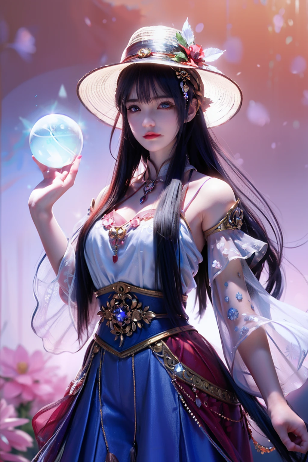 Bust of a beautiful noble maiden,Red chestnut hair elegantly coiled,((Wear a big skirt(blue colors)bucket-hat)),Purple clear eyes,The hair is covered with beautiful and delicate floral craftsmanship, Crystal jewelry filigree,A huge crystal ball on the chest,Ultra-detailed details