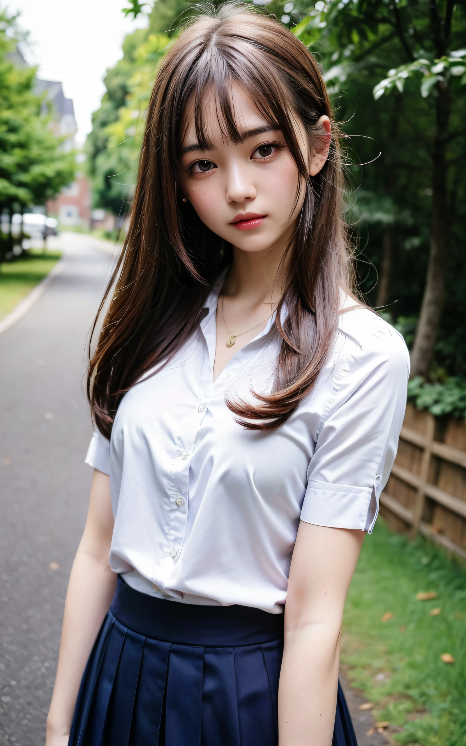background outdoors, supplement Silk blouse, Skirt, Back Window, Delete close-up,
((The highest image quality, 8K, masutepiece:1.3)), Soft light, 1girl in, beautiful a girl、16 years old, Cute:1.3, Brown hair, (casual hairstyle, :1.2), Ultra-fine face, Detailed eyes, A slight smil, Take pictures in cute poses,tiny small waist,Super big breasts,Silk blouse, Skirt, Close-up chest,White-skinned,background outdoors,