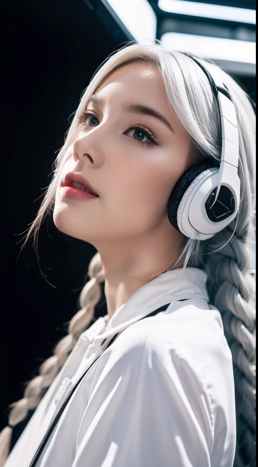 White clothes, White skin, White hair, Long braids, Cyberpunk, Golden eyes, （Wearing headphones）Looking up, Upper body