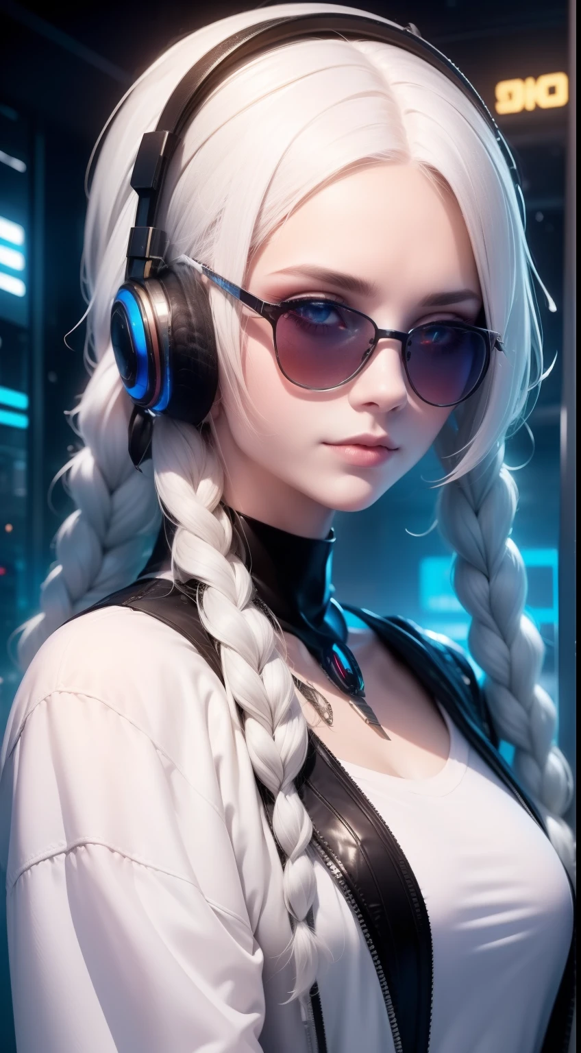 White clothes, White skin, White hair, Long braids, Cyberpunk, Golden eyes, （Wearing sunglasses）（Wearing headphones）Looking up, Upper body