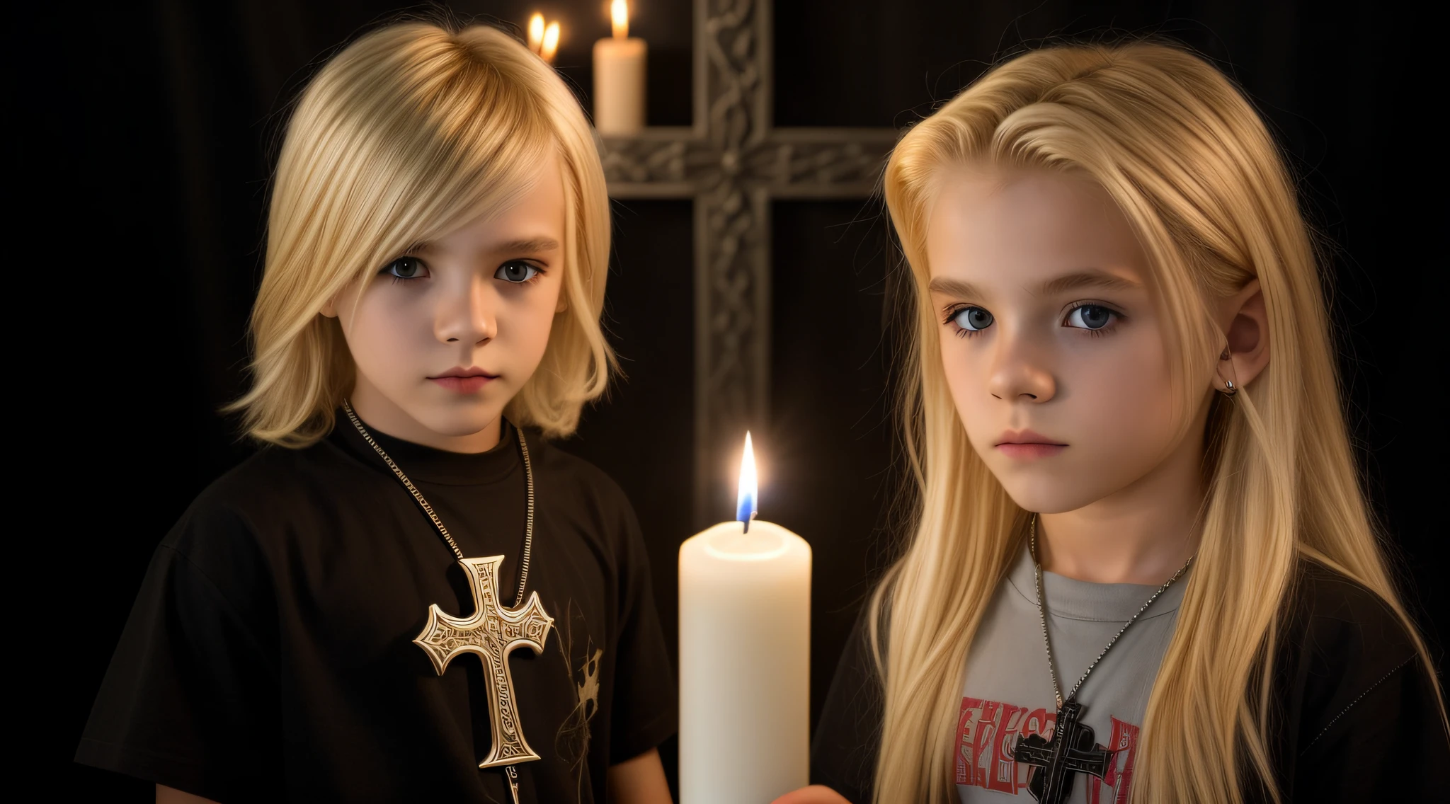 BLONDE HAIR KIDS MAN CABELO LONGO METAL HAIR , Gothic cross, cruz, CROSSES WITH LIT CANDLES in hand.