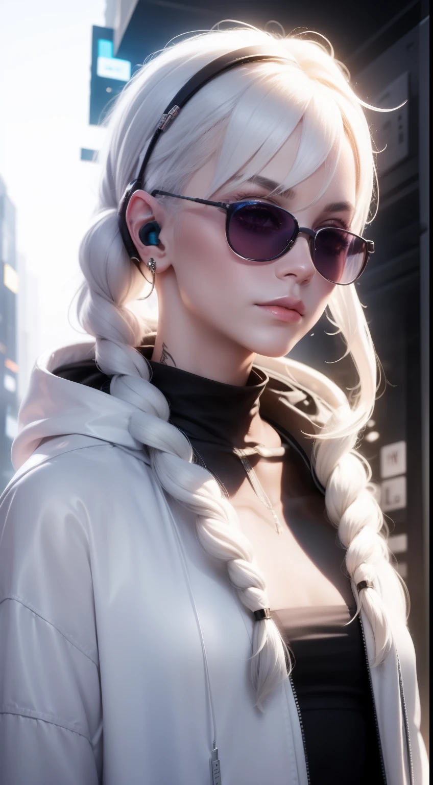 White clothes, White skin, White hair, Long braids, Cyberpunk, Golden eyes, （Wearing sunglasses）（Wearing headphones）Looking up, Upper body