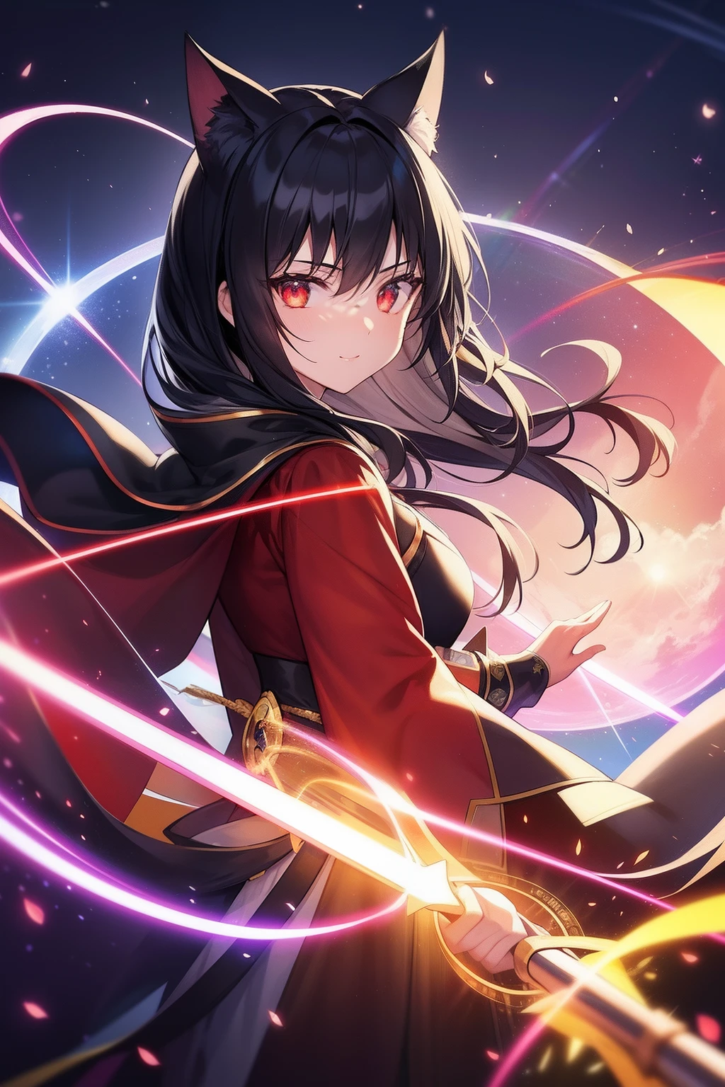 Cat's ears,hair is black and short,Goggles shine on her head,Her skin is pale, A vortex of flame enveloped me like a snake in an interstellar wind,Unleash the Japan of the Fire Sword, Highest Quality, Sneak carrying a red cloak decorated with costumes,Rainbow Wizard, ((A look that makes you feel good))((Metamorphosis)), 8 Red Light Stain,Blade of Light,Lens Flare, Big rainbow,The moon shines,Star chips, bloom, ((light glow)), chromatic abberation], Digital Painting, Insane details, Intricate details, Beautifully color graded, Unreal Engine, Cinematic , colour grading, Editorial Photography , Photography, Photo Shot, Shot on 70mm lens, depth of fields, degrees of freedom, Tilt Blur, Shutter Speed 1/1000, h/22