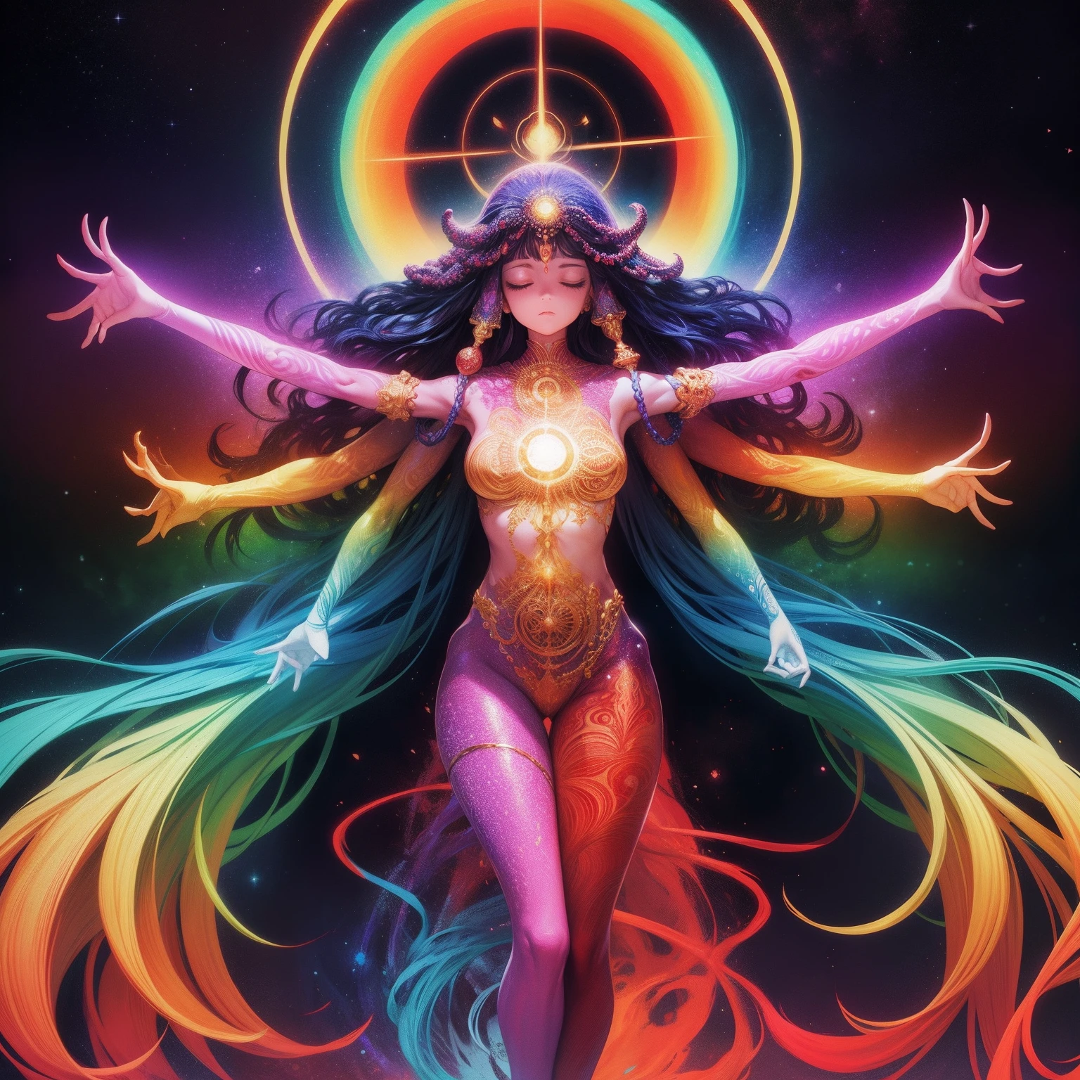fundo do universo, corpo humano com (multiple arms:1.2), hand sign, meditation, psychedelic color