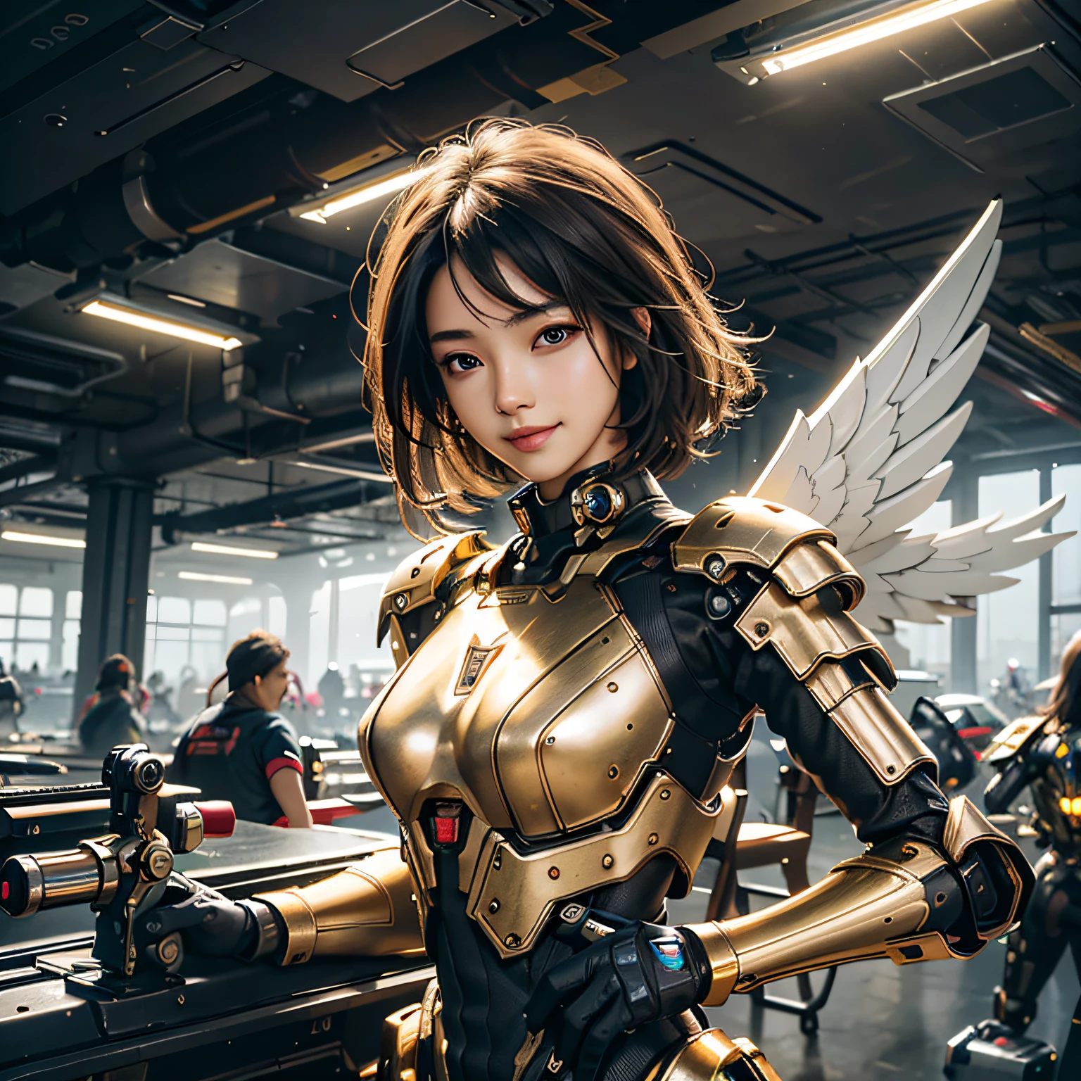 masterpiece,(bestquality),highlydetailed,ultra-detailed,1girl,(mechanicalwings:golden,glowingeyes:blue,goldenrarmor:1.2,elongatedears:0.8),(cyberpunkcity:1.5,weapon:energyblade),(fantasylandscape:1.2,natural lighting:1.5,confidentexpression),(panorama:1.2),mecha, smile,angle,Angels, wings,gold,raw