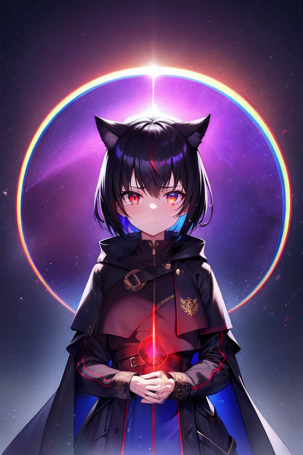 Cat's ears,hair is black and short,Goggles shine on her head,Her skin is pale, A vortex of flame enveloped me like a snake in an interstellar wind,Unleash the Blade of Fire, Highest Quality, Carry a red cloak decorated with war maidens,Rainbow Wizard, ((sad))((Big tears)), 8 Red Light Stain,Blade of Light,Lens Flare, Big rainbow,The moon shines,Star chips, bloom, ((light glow)), chromatic abberation], Digital Painting, Insane details, Intricate details, Beautifully color graded, Unreal Engine, Cinematic , colour grading, Editorial Photography , Photography, Photo Shot, Shot on 70mm lens, depth of fields, degrees of freedom, Tilt Blur, Shutter Speed 1/1000, h/22