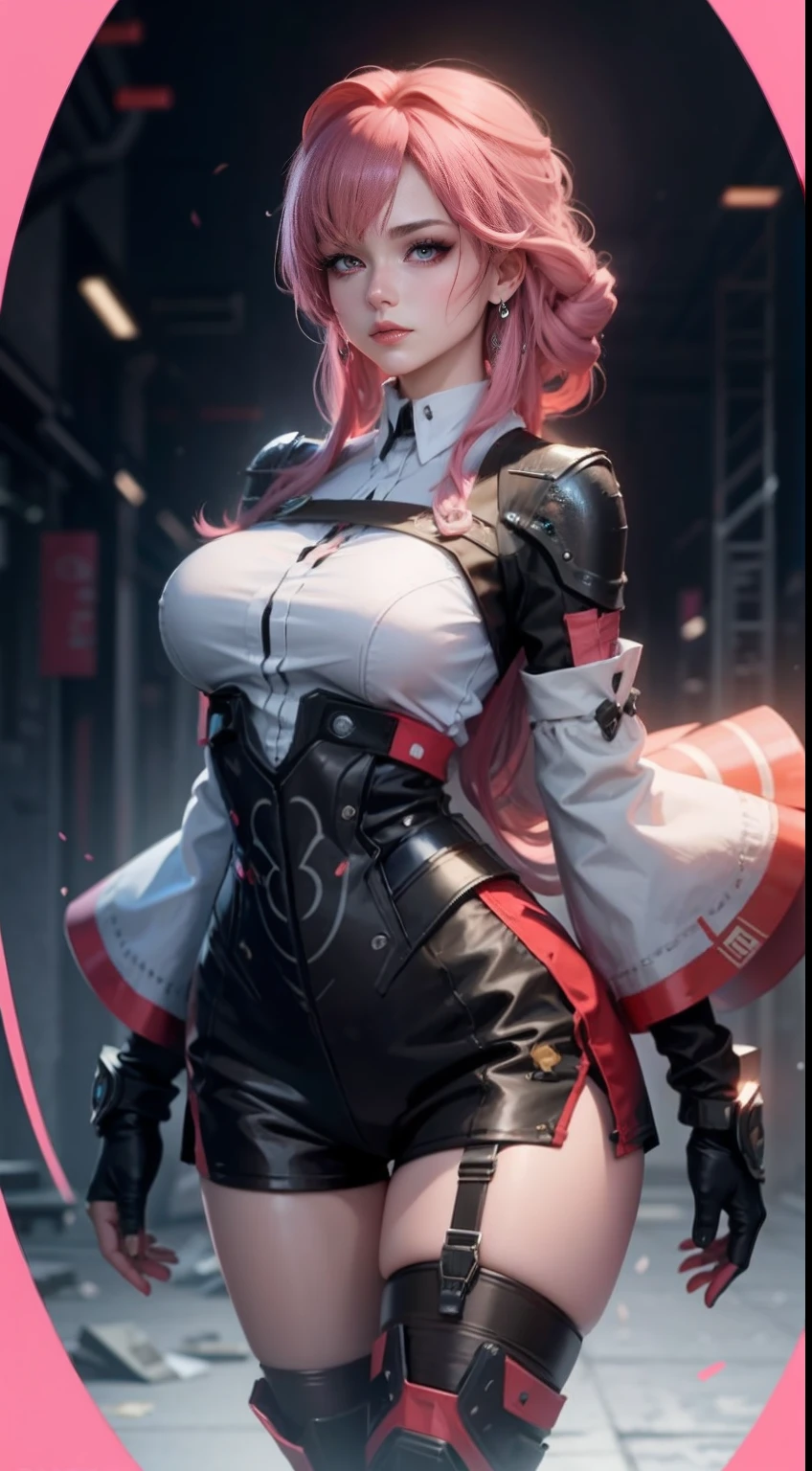 Beautiful woman,1个Giant Breast Girl,Pink haired woman,Fighting posture,black pantyhoses,black glove,Mobile Warframe,jewely,shorter pants,J thighs。Pink hair,drill bit,Asymmetrical hair,golden armour