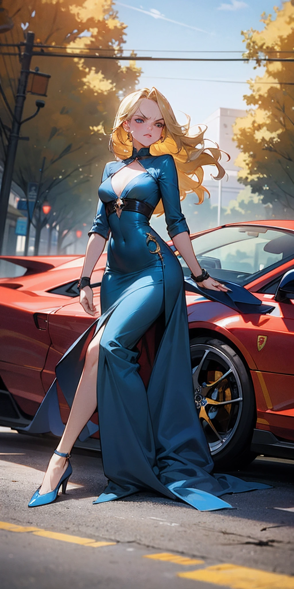 A beautiful blonde in a blue dress, an angry wizard in the parking lot, a red Ferrari is parked behind her, a woman must have two legs --auto --s2