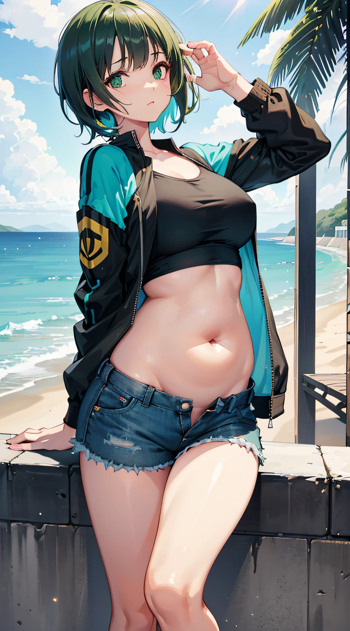 Resolution, imagination, (Photorealistic), daytime, Sunlight coming in from behind, beautiful light, (1Girl:1.4), (HDR:1.5), (Cute belly fat:1.2), intriciate detail, 1 belly button, Mesugaki face, Sagging middle breasts, (Green Eyes:1.3), (Green short hair:1.5), Black sleeveless, Black cropped t-shirt , wristband, Tight-fitting jeans, Very short jeans, Denim shorts, Seafront, seaside, Stirring water,  (black & Blue Street Jacket)