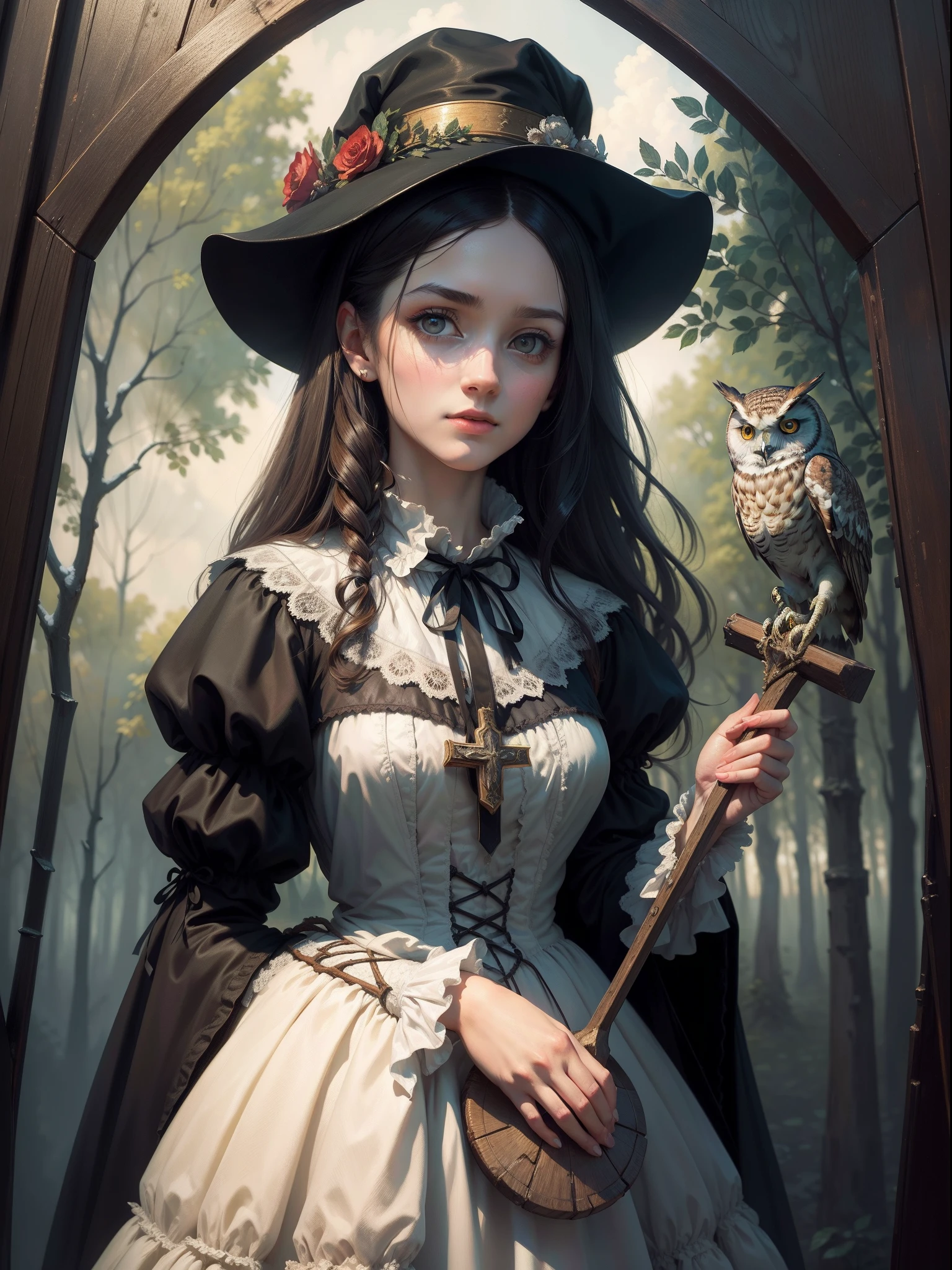 Fechin,Impressionism,hyper HD, high resolution, High detail, Best quality, Masterpiece,Oil paints，acrycle painting，tmasterpiece，Renaissance style，best qualtiy，A maiden with godless eyes tied to a cross，witch clothes，In the distance, standing on a branch, an owl looked at the girl，Gloomy sky