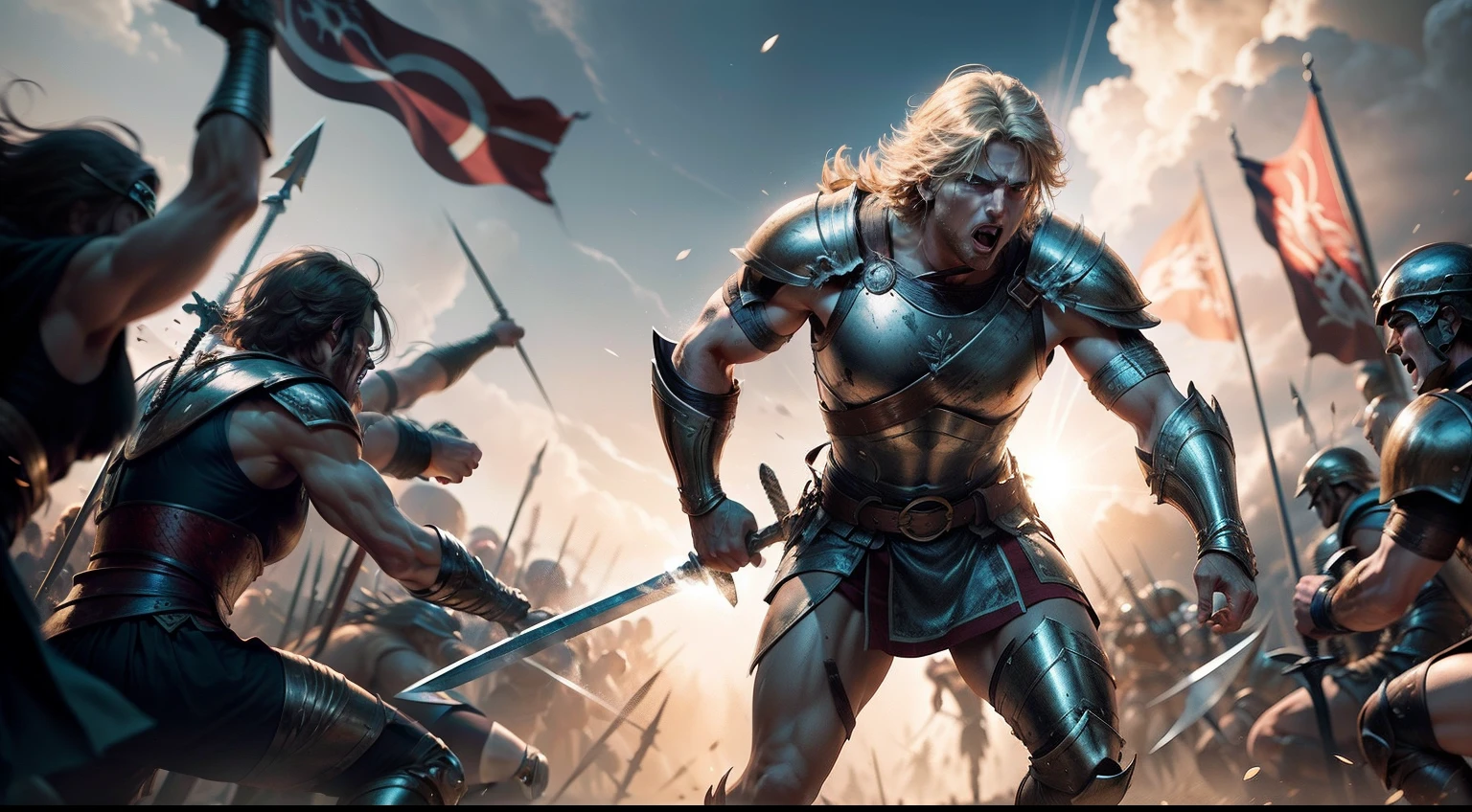 A dynamic scene of Achilles in battle, his sword and shield glinting in the sunlight as he charges forward with a battle cry.